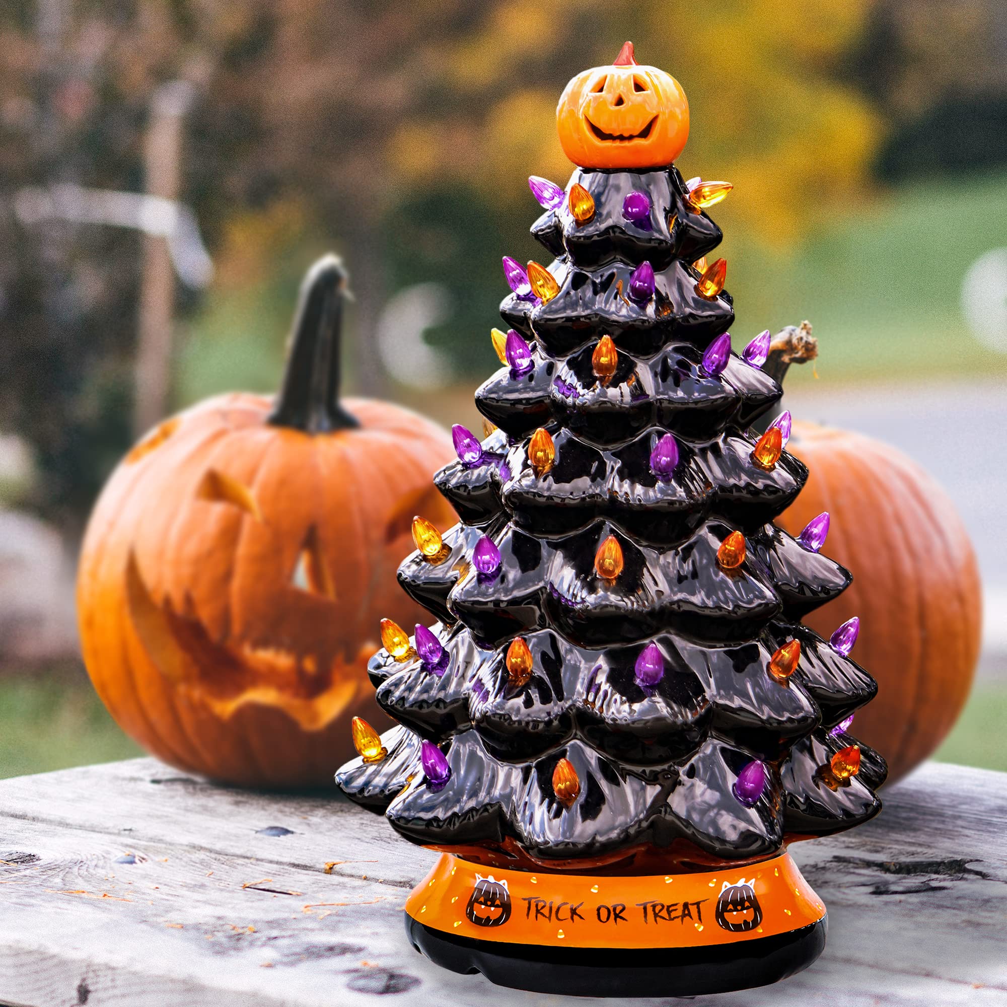 

Cj Christmas Tree - Halloween Decoration Made With Ceramic, -home Decoration-trick Or Treat- Over 35 Multicolor Bulbs, Led Light Up By Battery - Black, 9 Inch