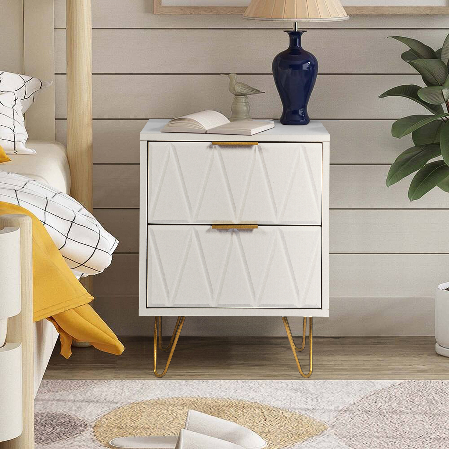 

2 Drawers Nightstand , Modern Bedside Table Set With Metal Leg, Accent End Side Table For Living Room & Bedroom, White