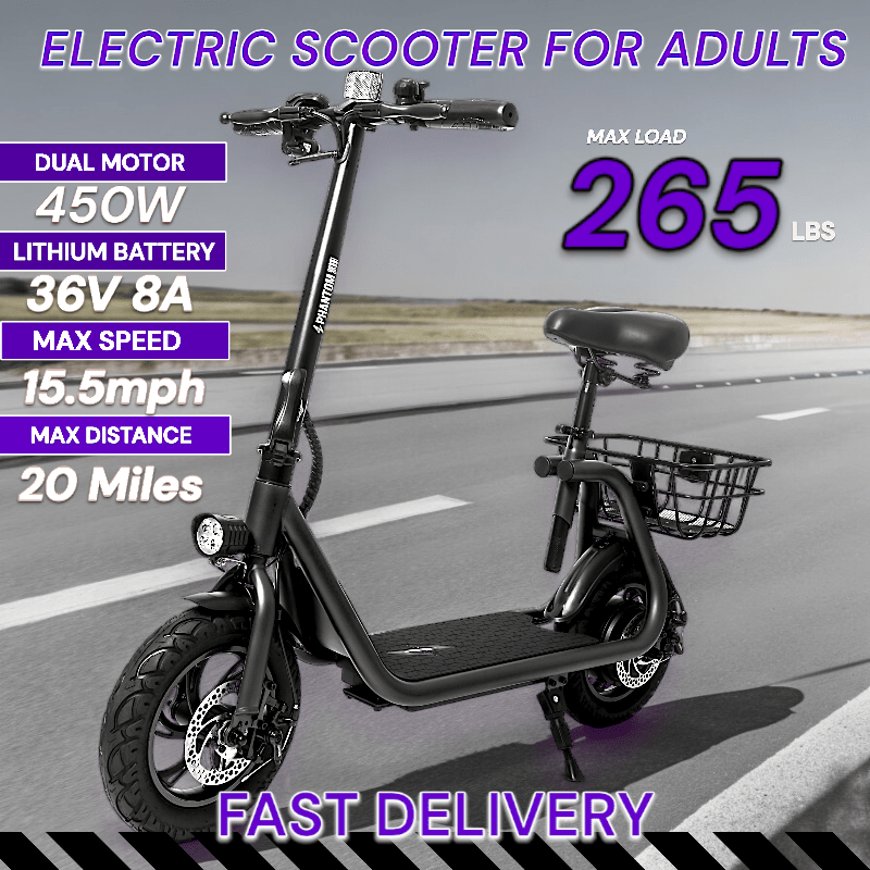 

Phantomgogo R1 Electric For Adults - & - 450w 36v - 15.5mph 265lbs Max E Mopeds For Adults -