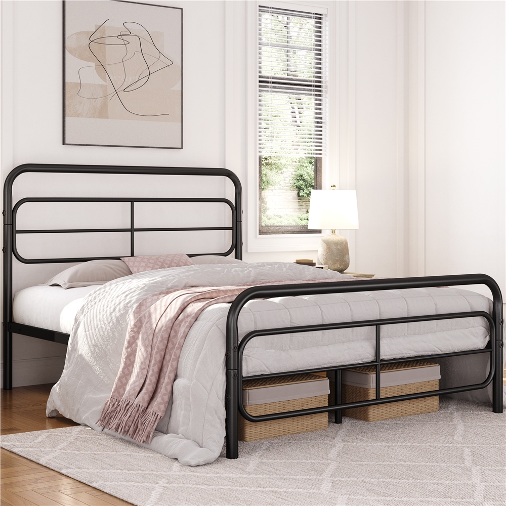 

Modern Metal Platform Bed Frame Metal Bed Base With Geometric Patterned Headboard And Sturdy Slat Support For Bedrooms