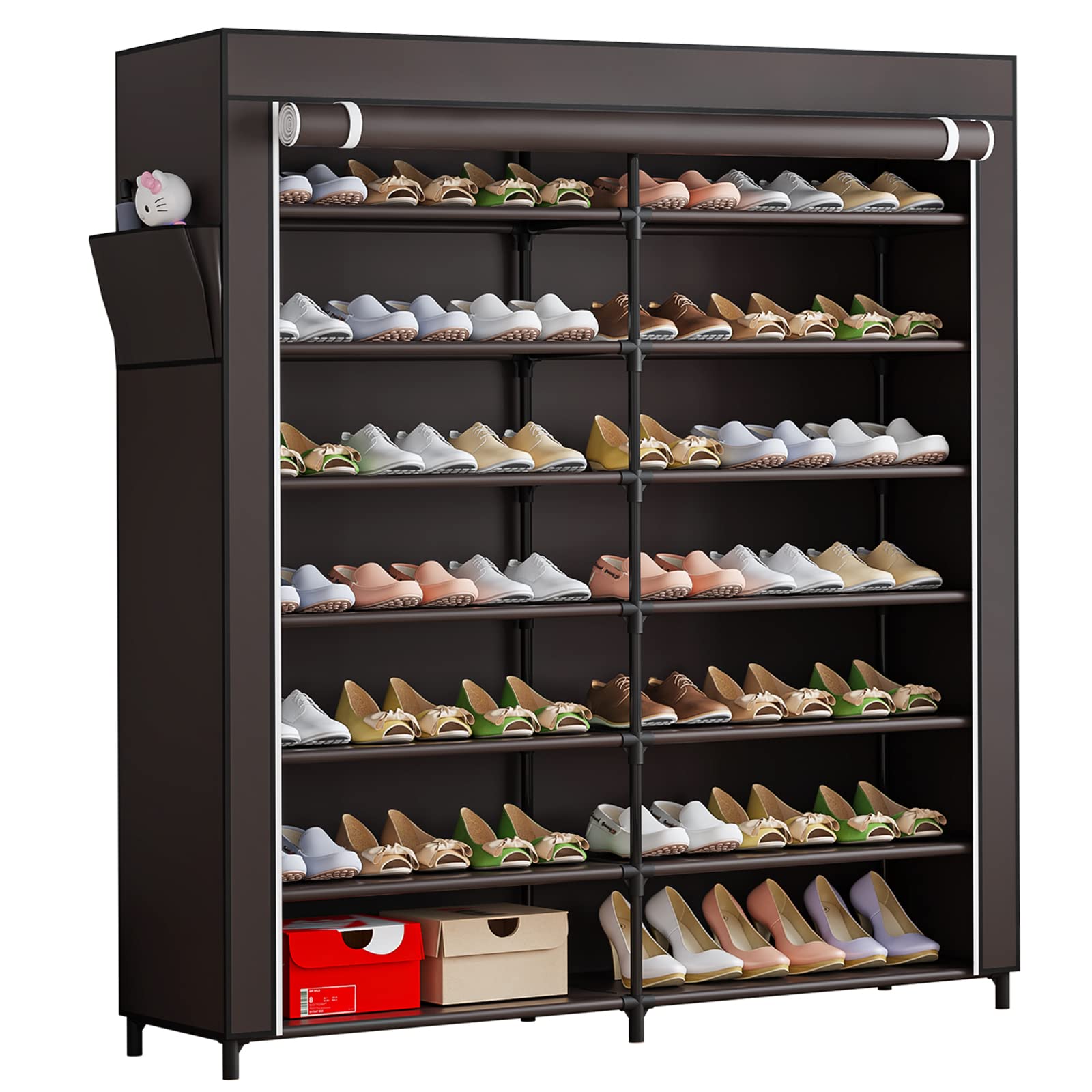 

7-tier Portable Shoe Rack Storage Organizer 42 Pairs Double Row With Dustproof Cover Non-woven Shoe Storage Cabinet