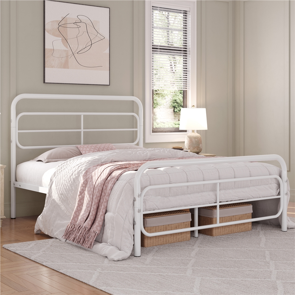 

Modern Metal Platform Bed Frame Metal Bed Base With Geometric Patterned Headboard And Sturdy Slat Support For Bedrooms