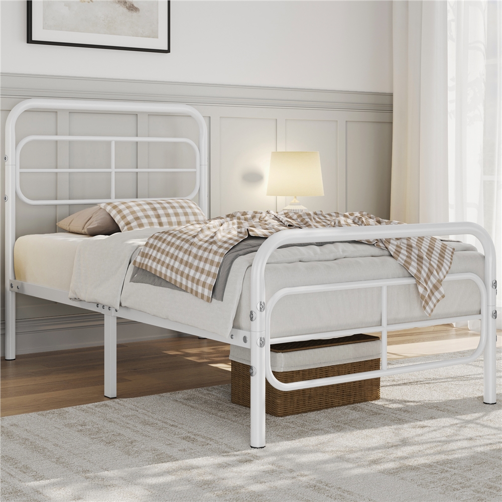 

Modern Twin Xl Metal Platform Bed Frame With Sturdy Slat Support And Geometric Patterned Headboard For Bedrooms