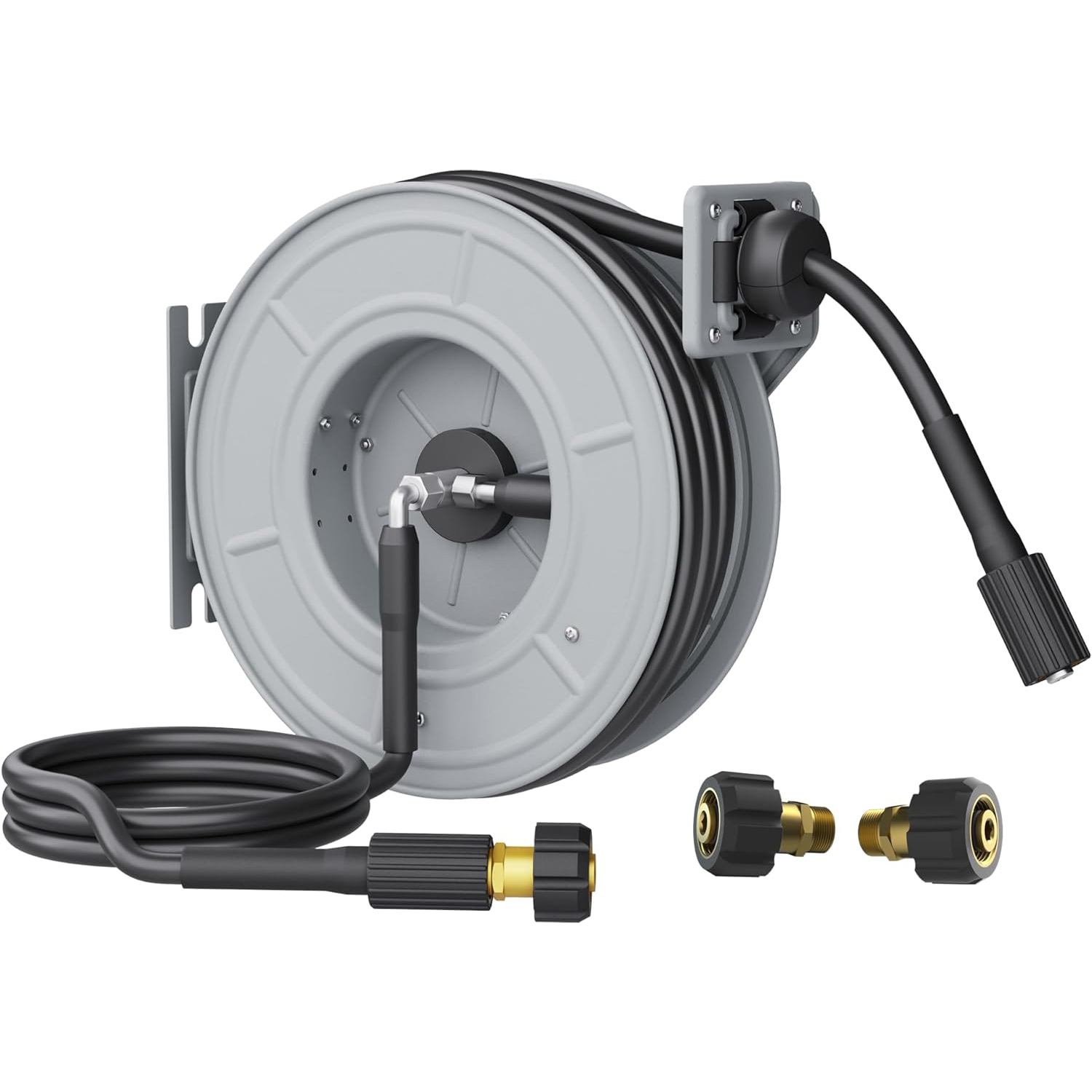 

Giraffe Tools Pressure Washer Hose Reel, 1/4" X 65 Ft Retractable Pressure Washer Reel, Steel Power Reel, Wall/ceiling/floor Mounted, 2 M22-15mm Connectors, Heavy Duty