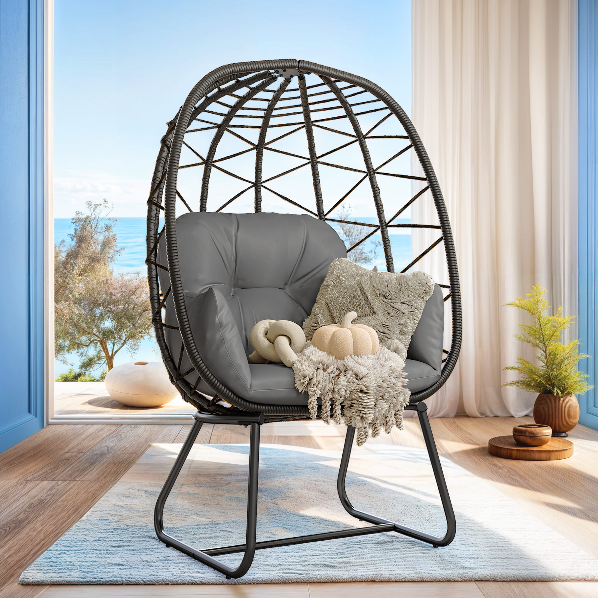 Egg Chair Patio Seat Rattan Wicker Steel Leg Outdoor Indoor Foldable W ...