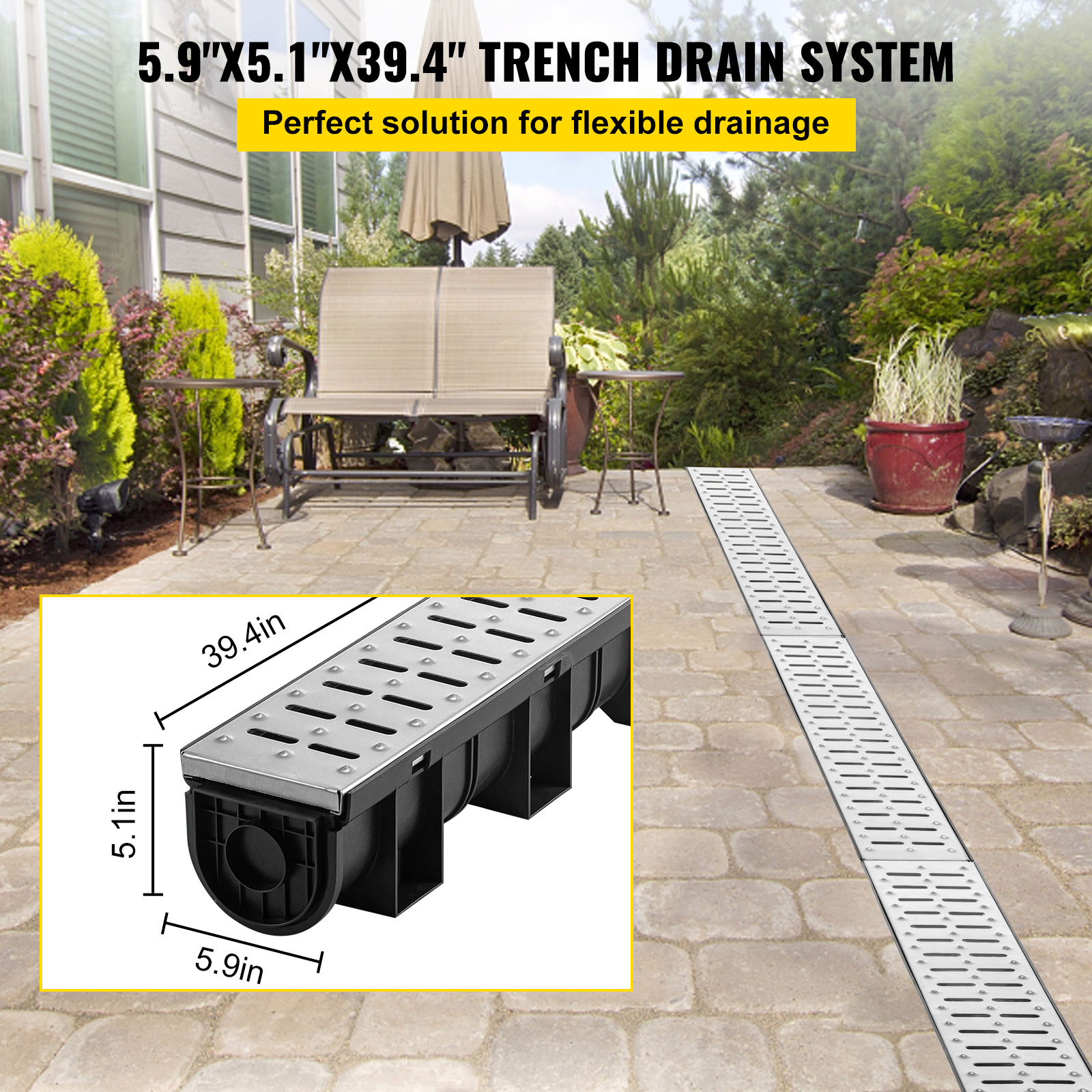   drainage system with metal grate 5 9x5 1 inch hdpe channel for garage floors black plastic trench with end caps 3x39 grate 3 pack