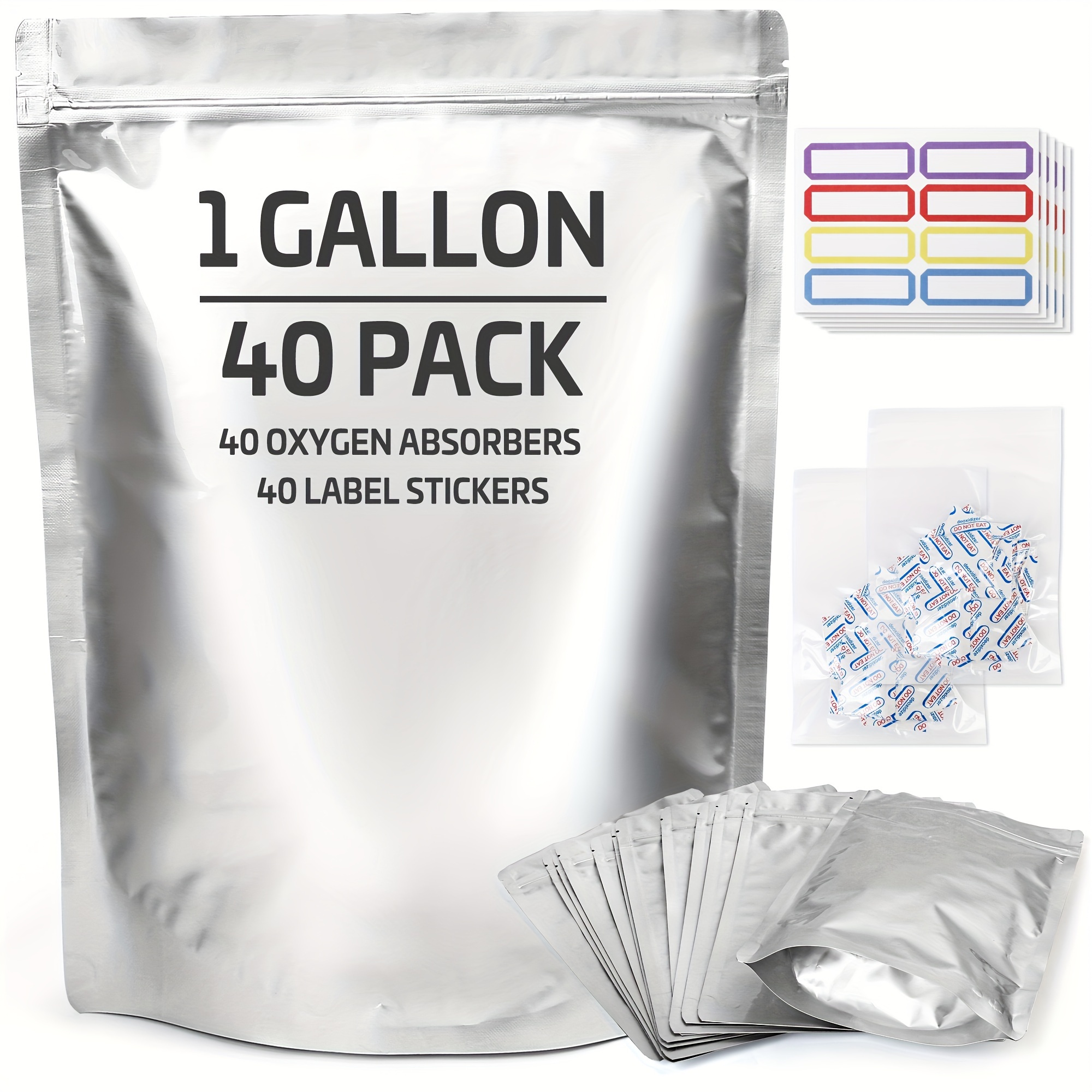 

40pcs 1 Gallon Mylar Bags For Food Storage With Oxygen Absorbers And Labels Resealable 10 Mil Thick