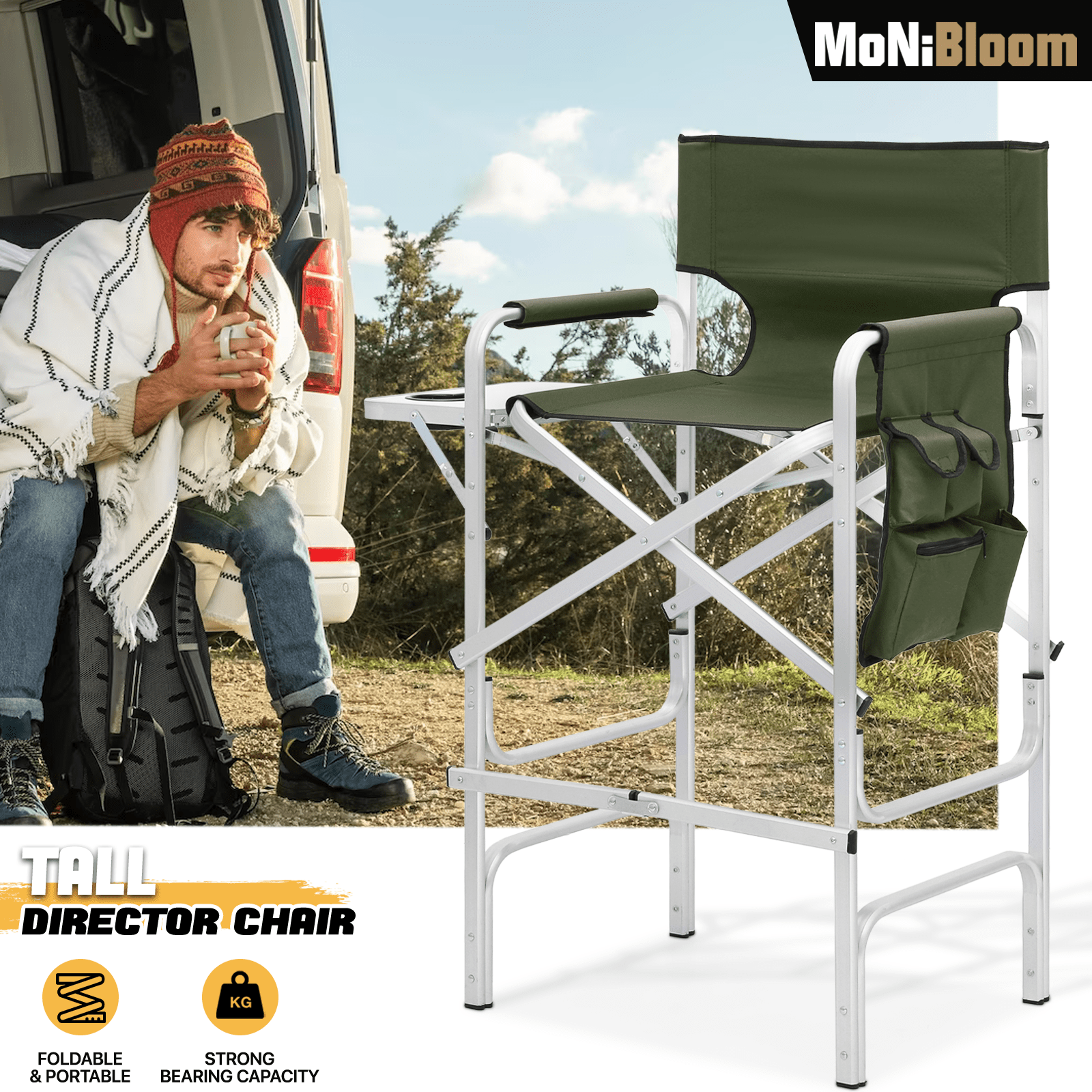 

Foldable Tall Director Chair Folding Portable Aluminum Frame Makeup , With Side Table, Cup Holder And Pockets