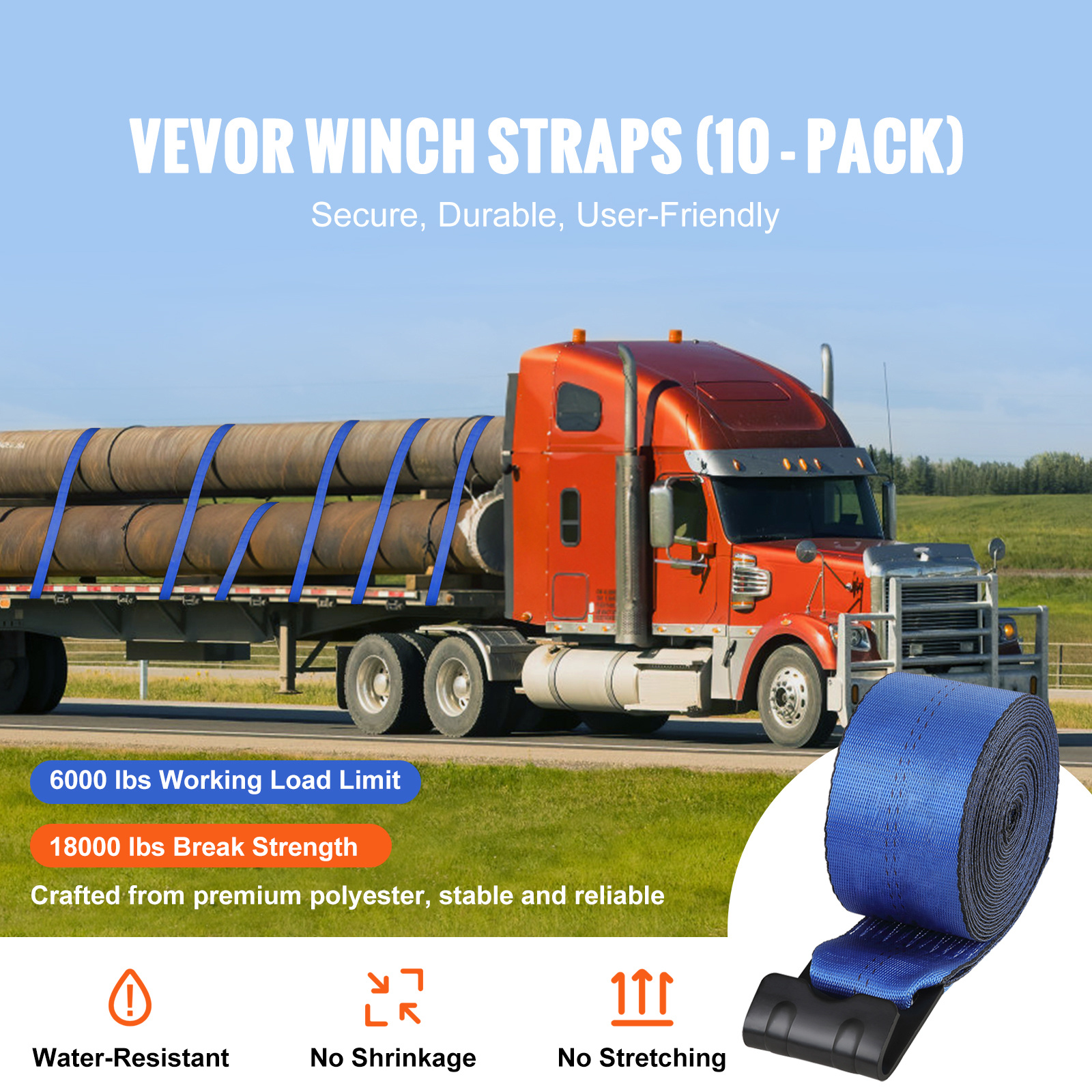 Vevor Truck Straps, 4" X30' Heavy Duty Tie Down W/flat Hooks 18,000lbs Strength, Wll# 6000lbs, Cargo Straps Tie Down For Flatbeds, Trucks, Trailers, , , , Blue (10 Pack)