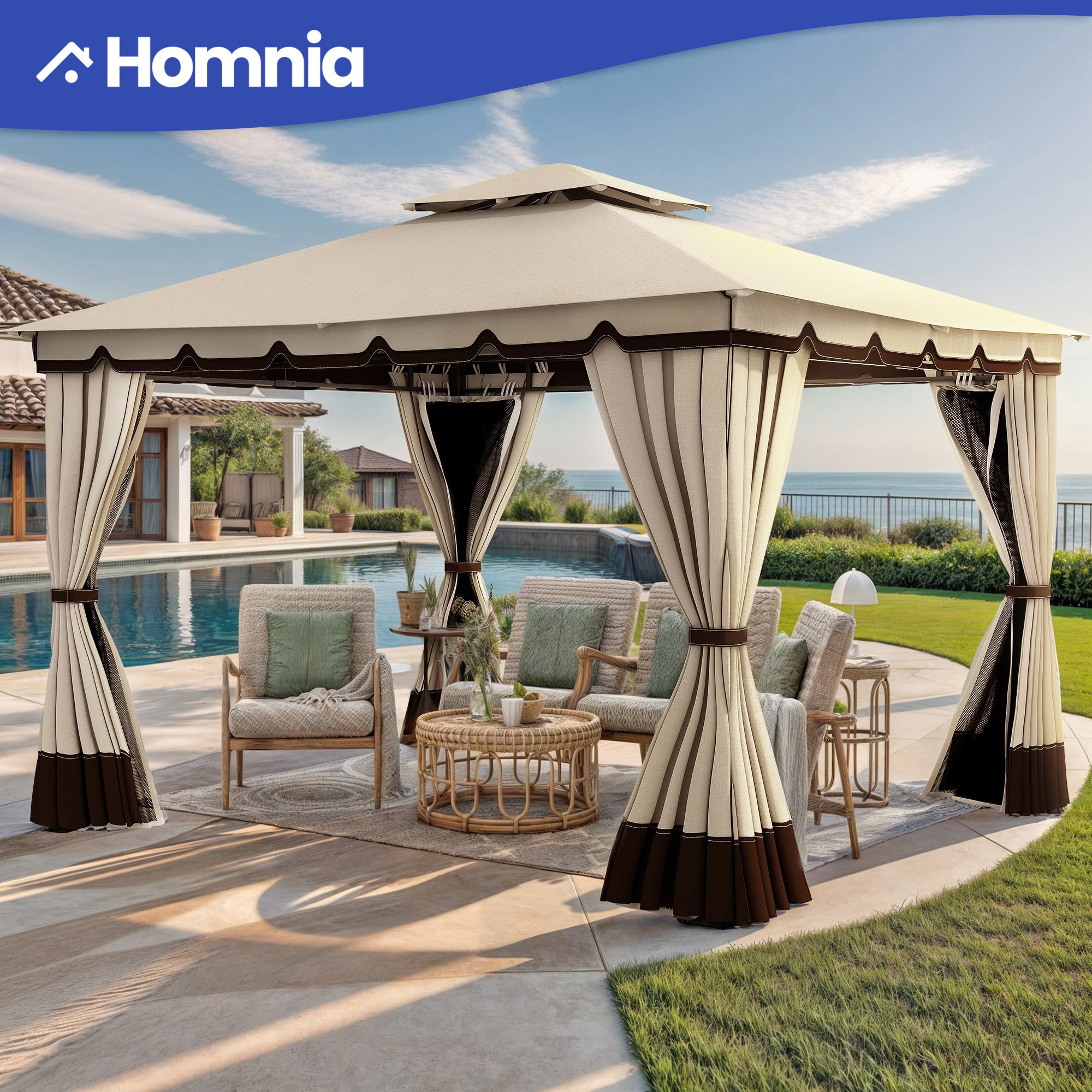 

Homnia12'x10' Outdoor Patio Canopy Gazebo With Curtains Mesh Nettings Waterproof Roof