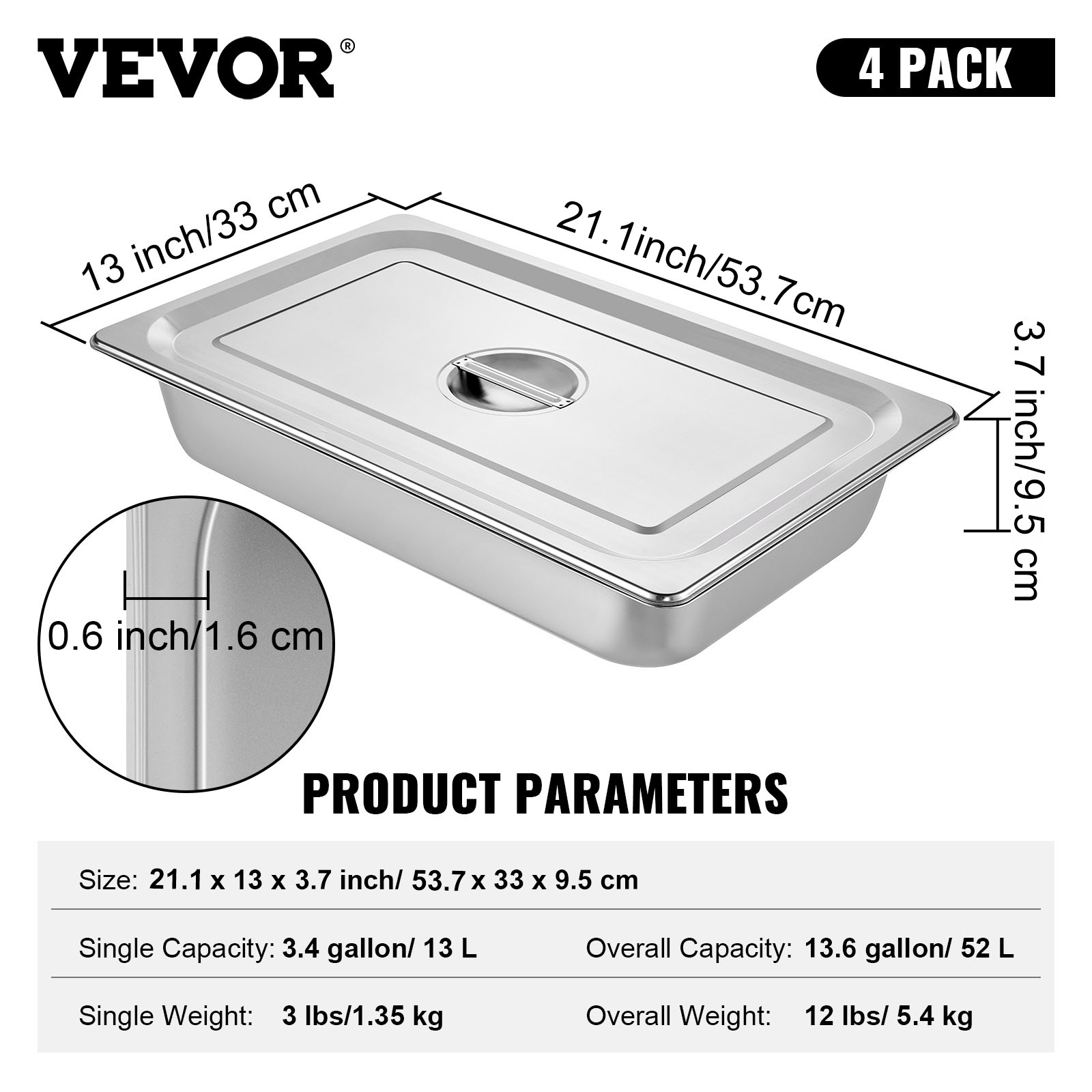 Vevor 4 Pack Steam Table Pans 20.9 X 12.8 X 3.9 Inch Table Pan Full Size 13l Deep Food Container Stainless Steel Oven Tray Hotel Pans Anti-jam Steam Table Food Pan