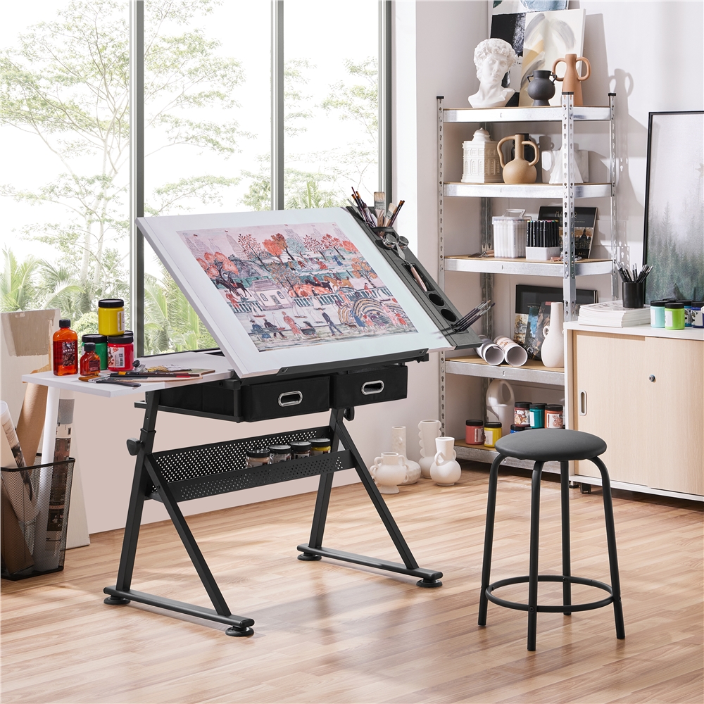 

Height Adjustable Drafting Drawing Table Artist Desk With Tilting Tabletop And 2 Storage Drawers White Painting Art Craft Desk Workstation