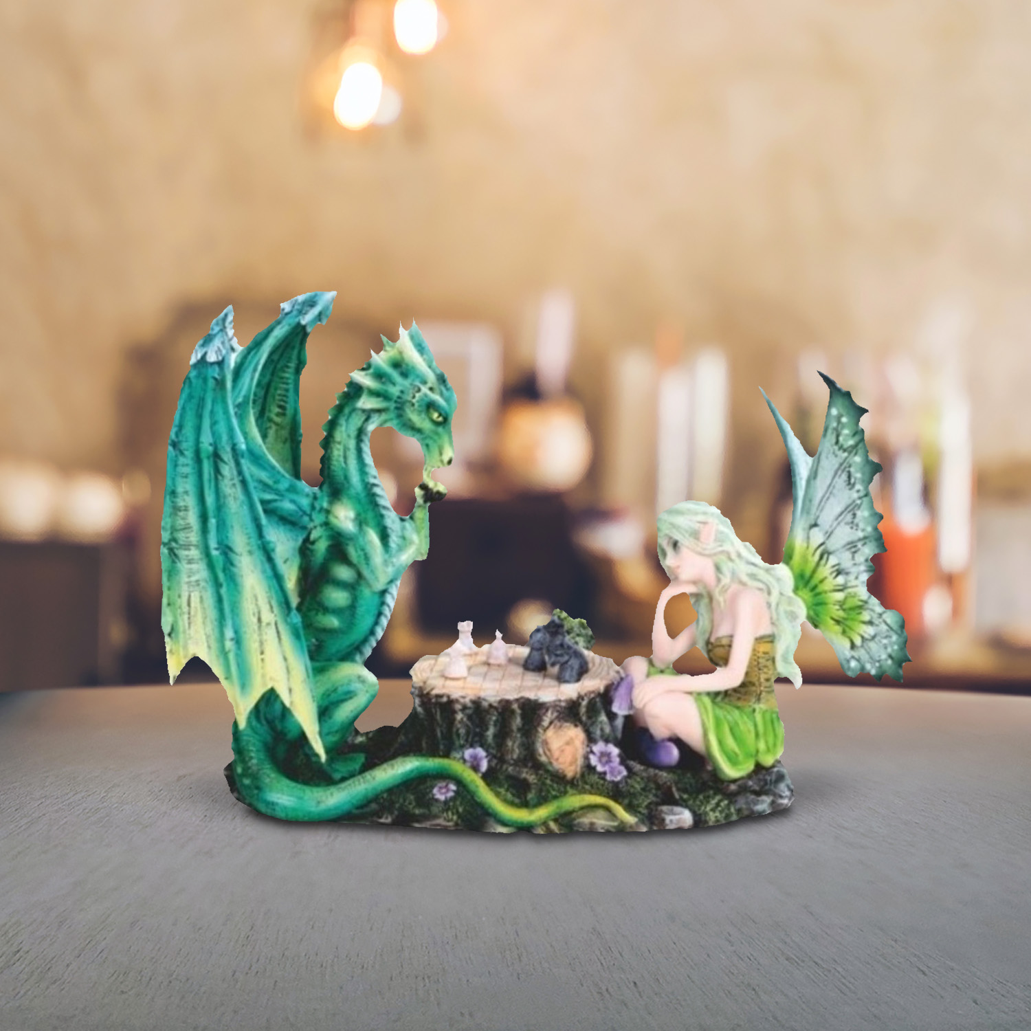 

10"w Green Fairy Playing Chess With Dragon Figurine Statue Home/room Decor And Perfect Gift Ideas For House Warming, Holidays And Birthdays Great Collectible Addition