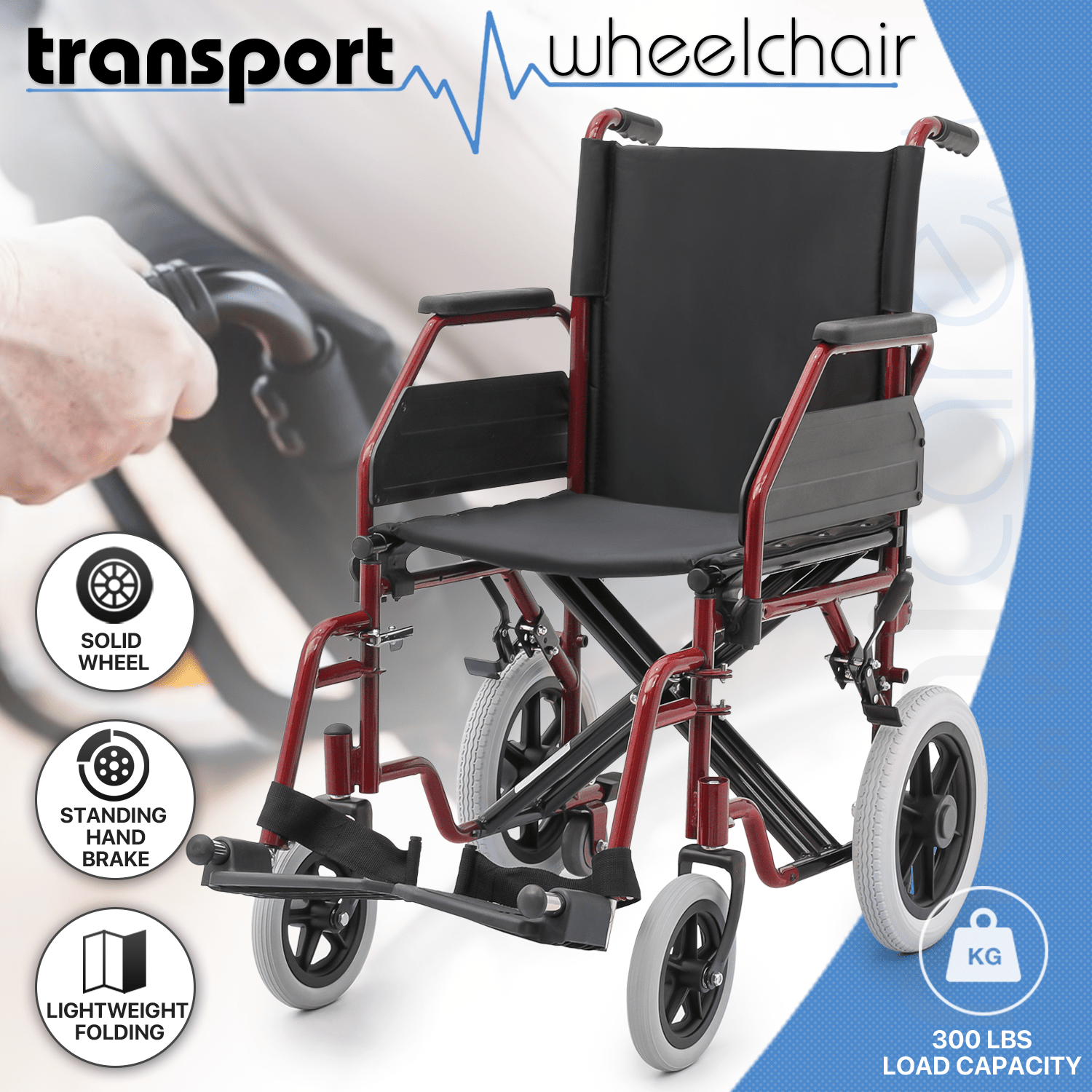 

Transport Wheelchair, Portable Folding Wheel Chair With Flip-back Armrest And Foot Leg Rest, Steel Frame Nylon Seat, 17 Icnh Wide Seat Chair For Travel Elder Use