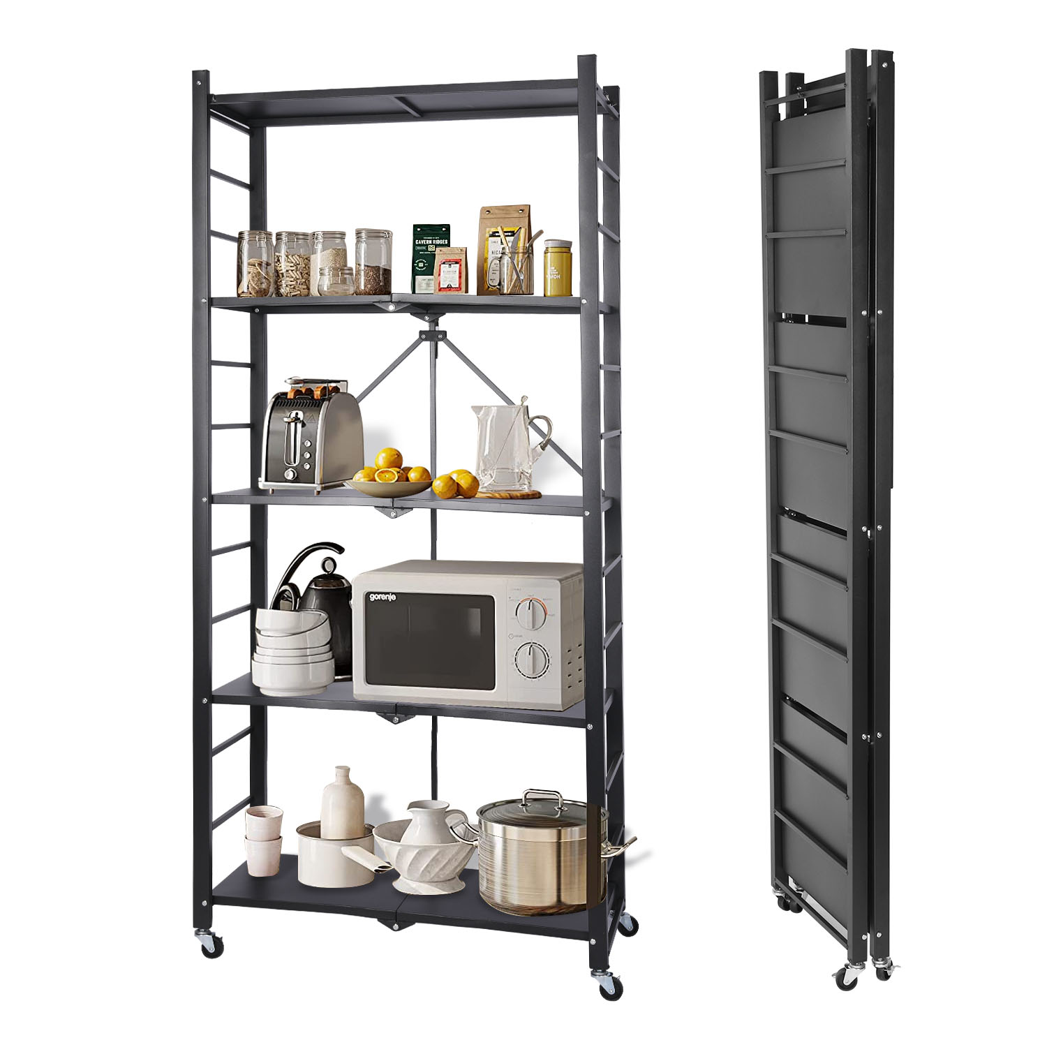 

Wedyvko 5-tier Foldable Storage Shelves With Wheels, Folding Metal Rack Shelving Unit, Heavy Duty No Assembly Organizer Shelf For Garage, Kitchen, Basement, Pantry, Black