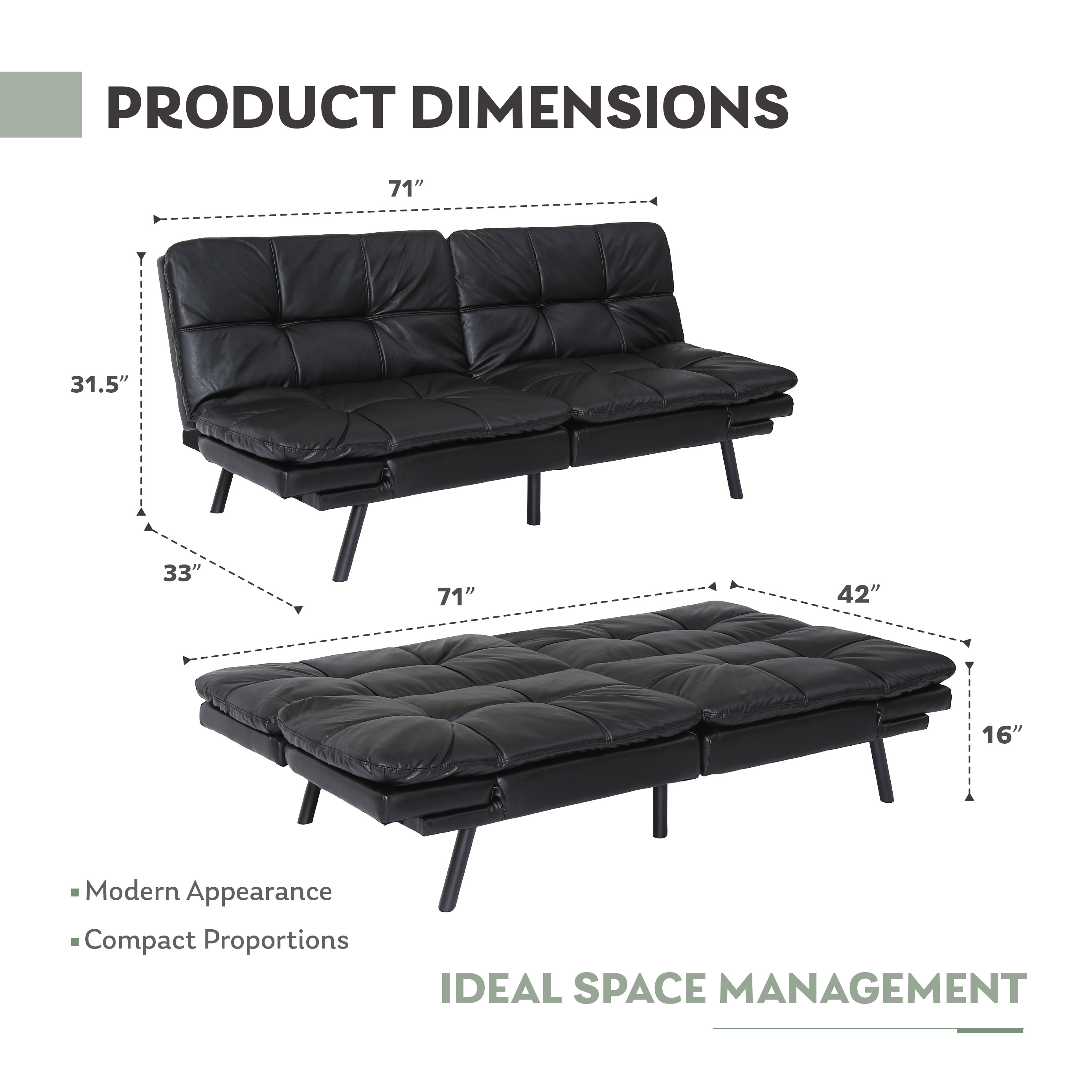 Sofa Bed 71 Inch Convertible Leather Folding Sleeper Sofa Bed Futon