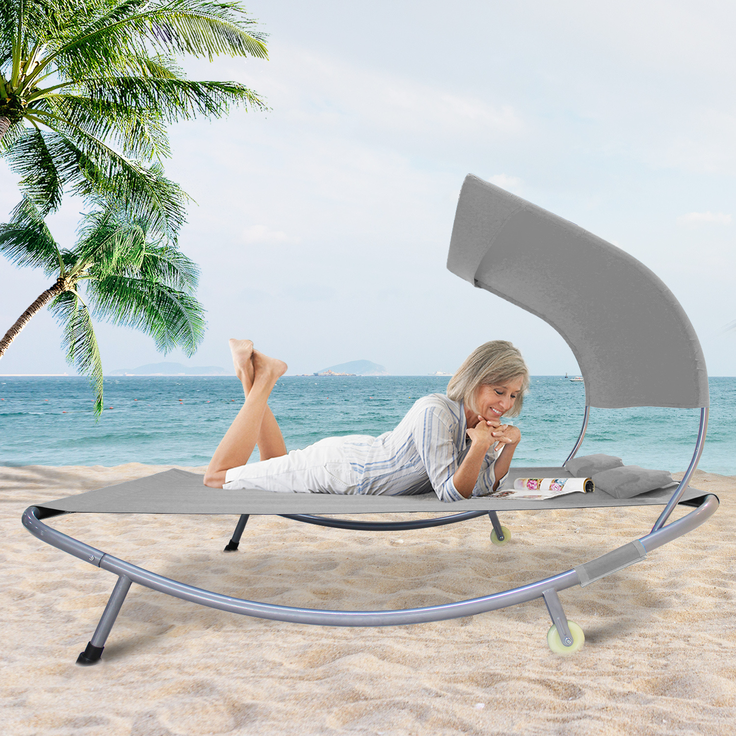 

Patio Double Chaise Lounge Bed With Canopy, Headrest Pillow And Wheels, Portable Outdoor Hammock Bed For Patio, Yard, Pool