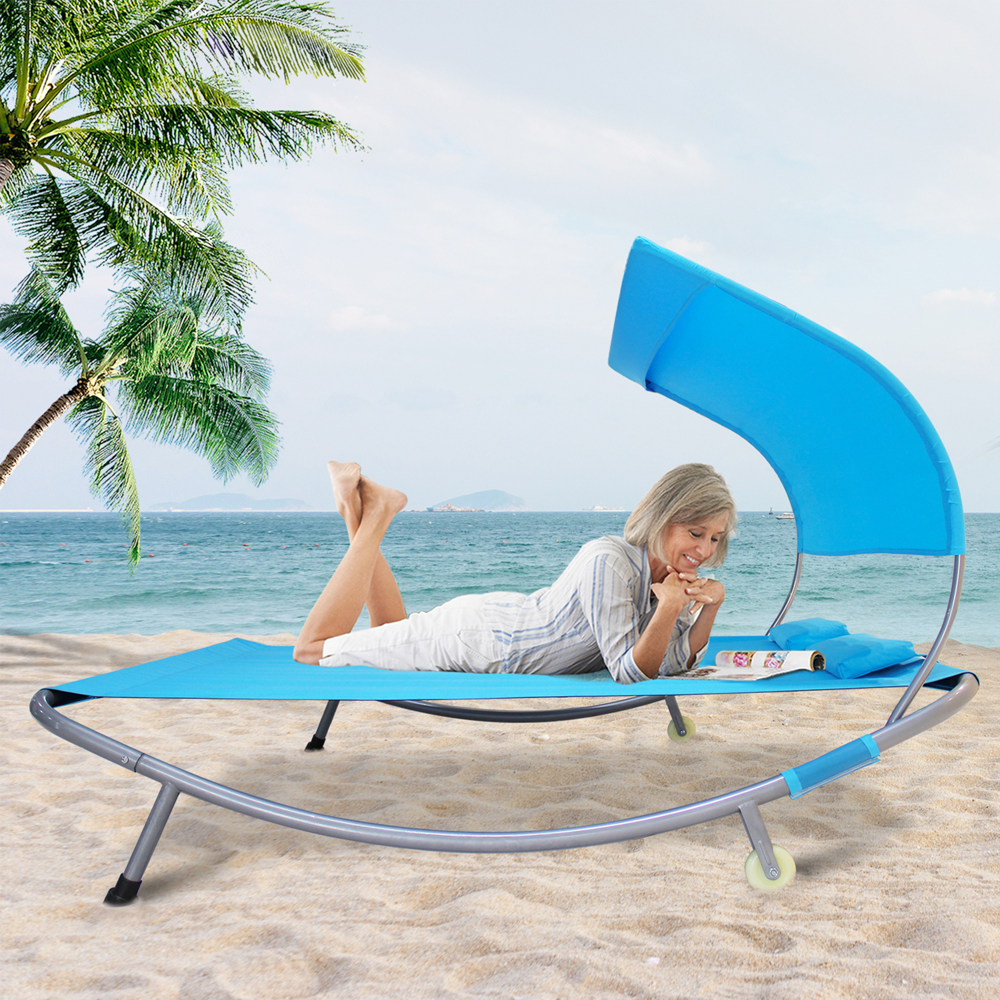 

Patio Double Chaise Lounge Bed With Canopy, Headrest Pillow And Wheels, Portable Outdoor Hammock Bed For Patio, Yard, Pool