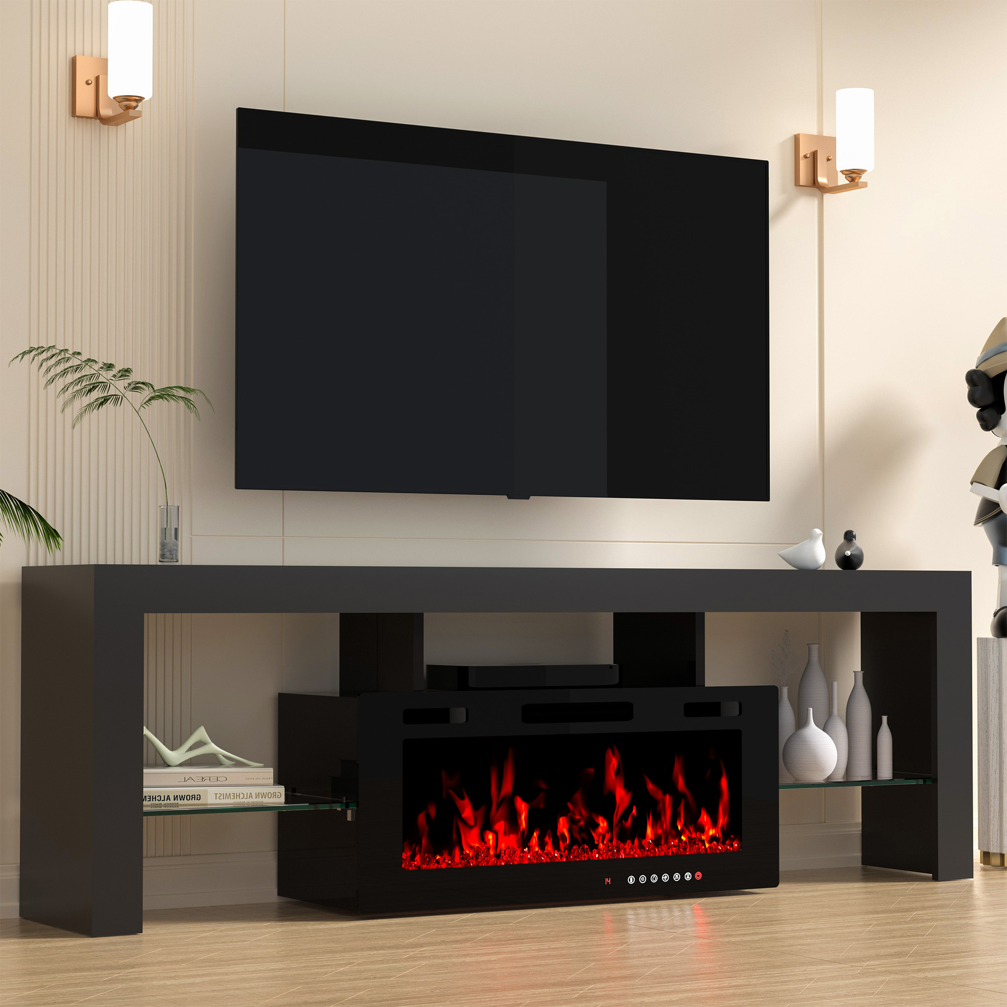 

Modern 70" Tv Stand With Fireplace For Tvs Up To 80", 36" Electric Fireplace With 12 Flame Color,, 3 Shelves, For Living Room & Bedroom