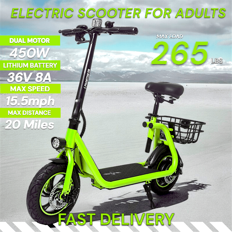 

Phantomgogo R1 Electric For Adults - & - 450w 36v - 15.5mph 265lbs Max E Mopeds For Adults -