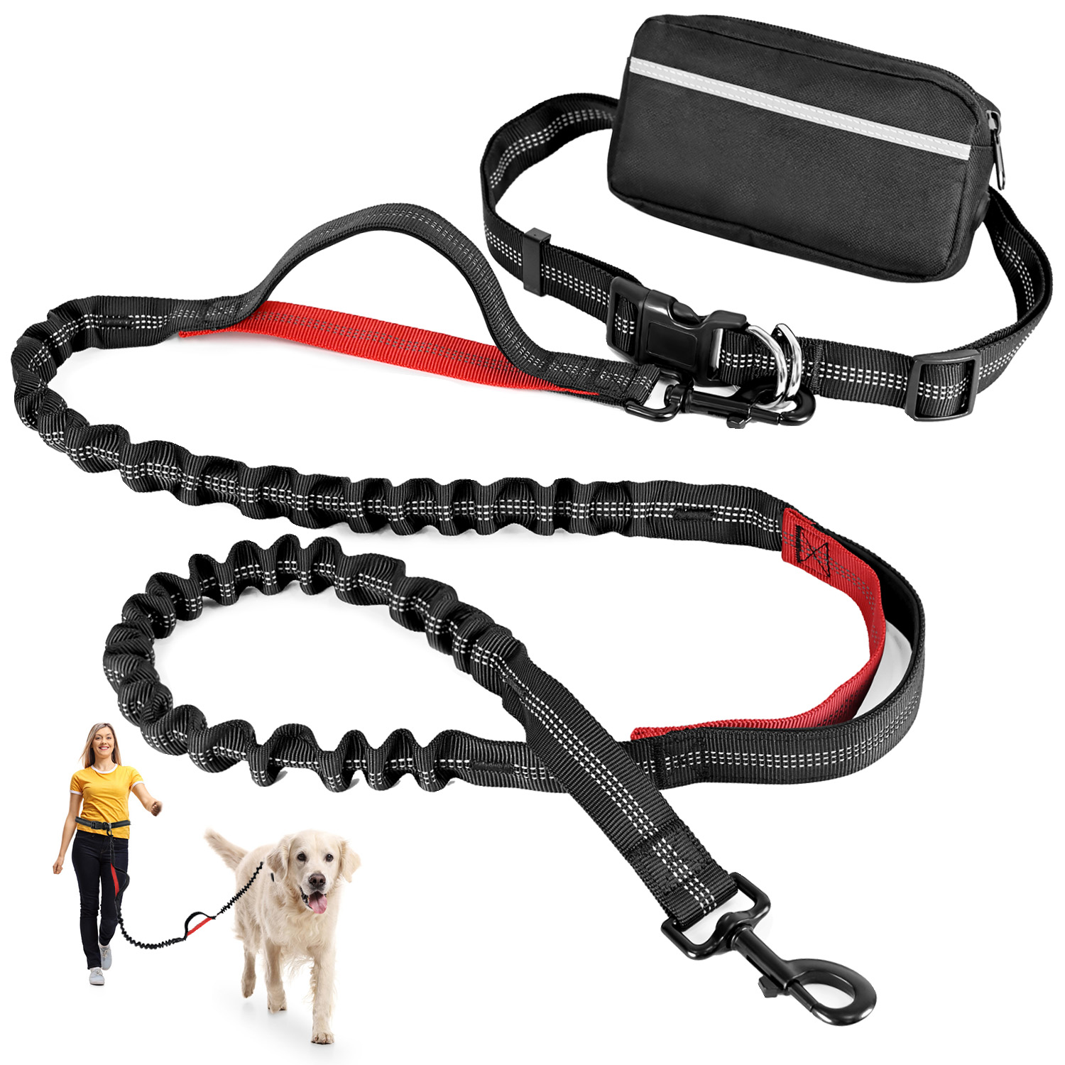 

Hands Free Dog Leash With Zipper Pouch, Petstars Dual Padded Handles And Duarable Bungee Adjustable Waist Belt (27" - 49") Up To 120 Lbs, Suit For Medium To Large Dogs Walking, Jogging And Running