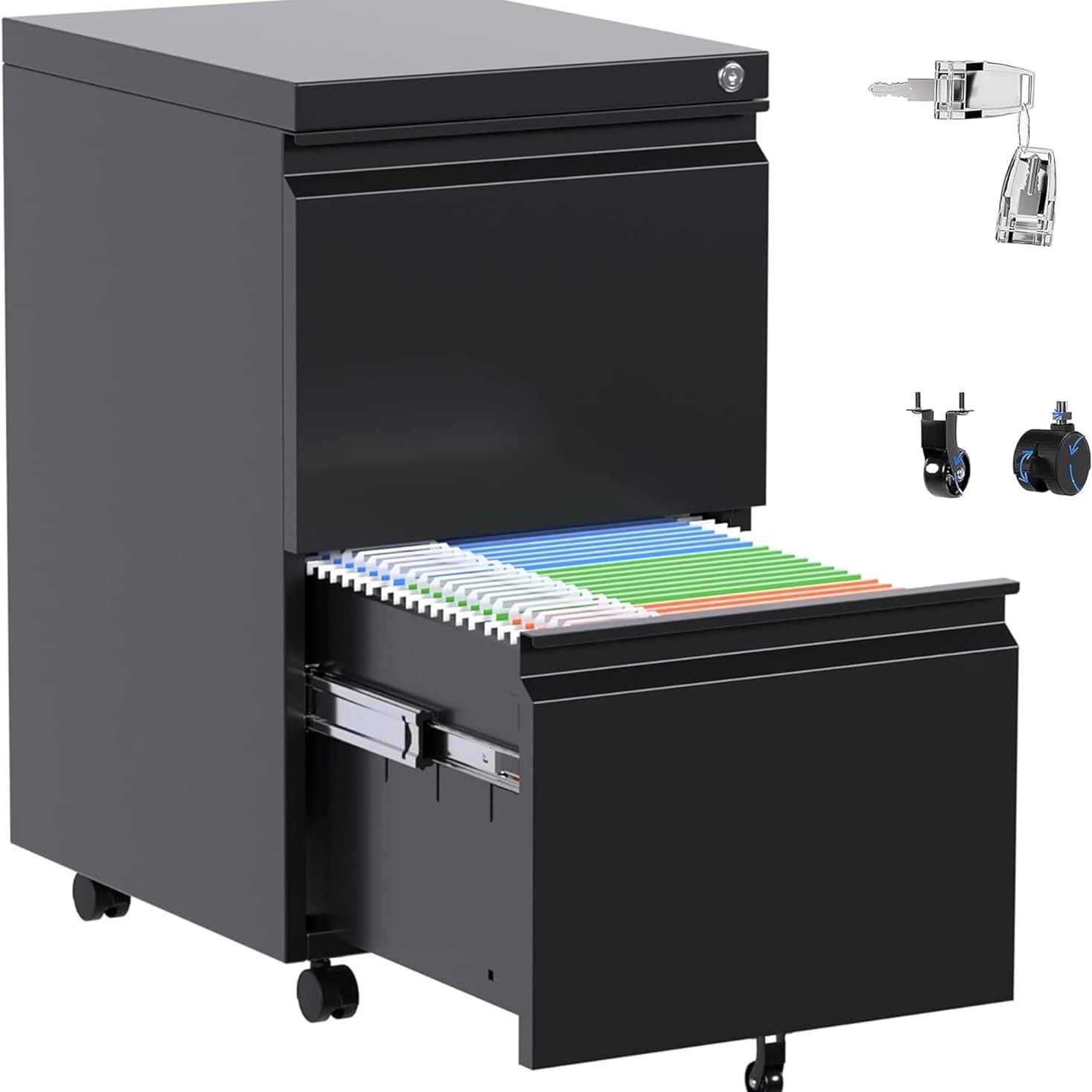 

Metal 2 Drawer Mobile File Cabinet With Lock, Under Desk Office Steel Filing Cabinet, 25.6''h Legal/letter Size Files Storage Cabinet,black,fully Assembled