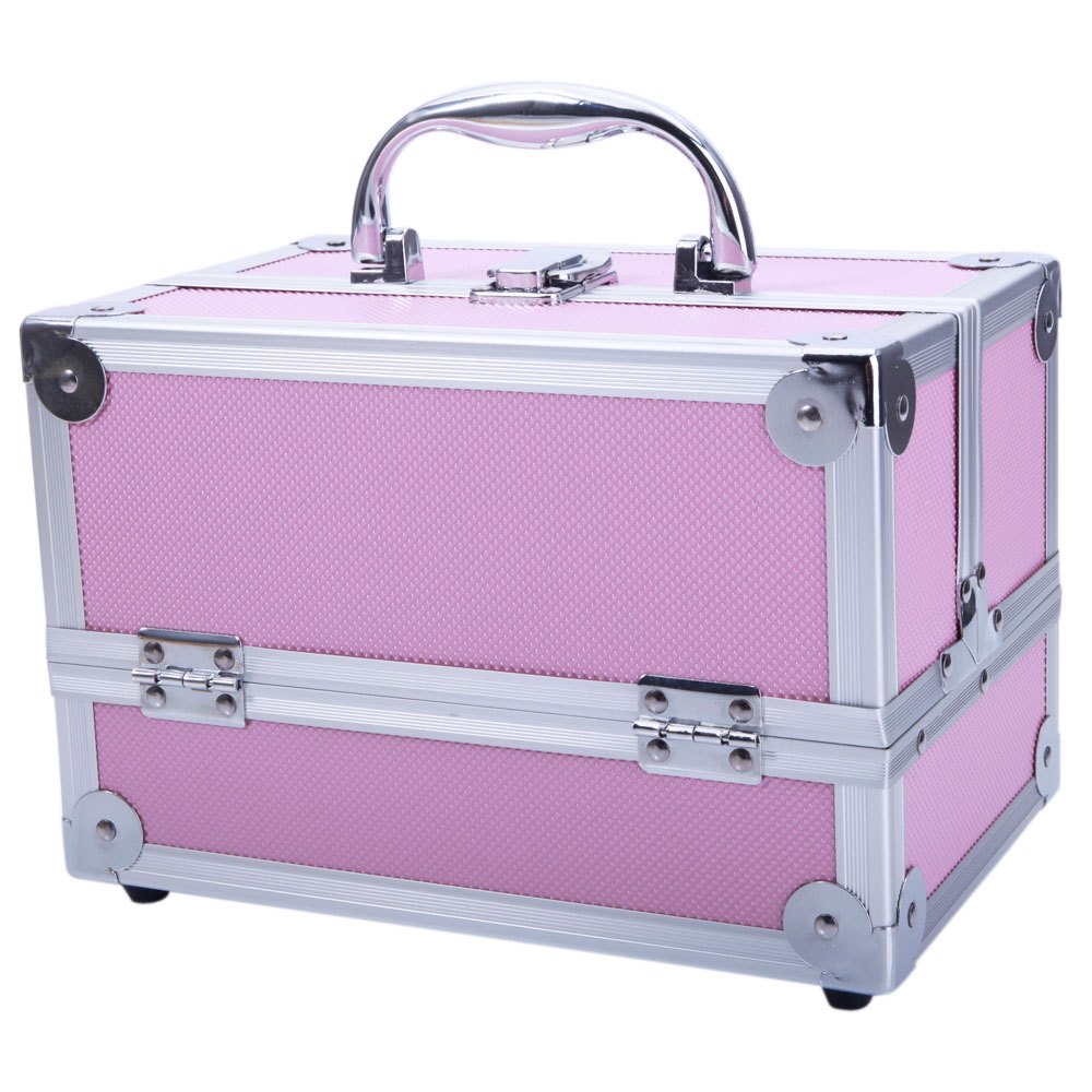 

Aluminum Makeup Train Case Jewelry Box Cosmetic Organizer With Mirror Pink