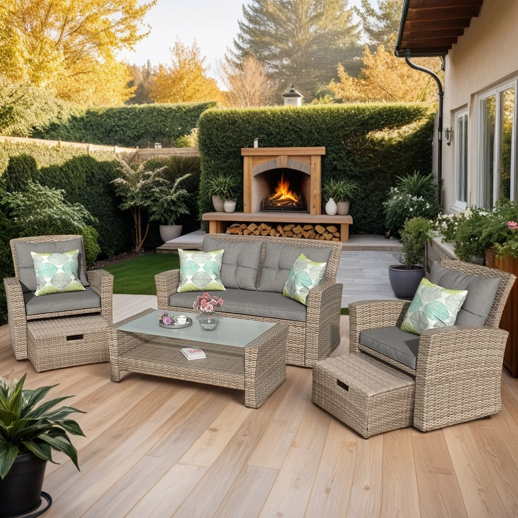 

Set Of 4 Patio Furniture Set, Modern Pe Wicker Rattan Patio Conversation Set, Backyard Porch Garden Poolside Balcony Use Sectional Sofa Sets With Cushions