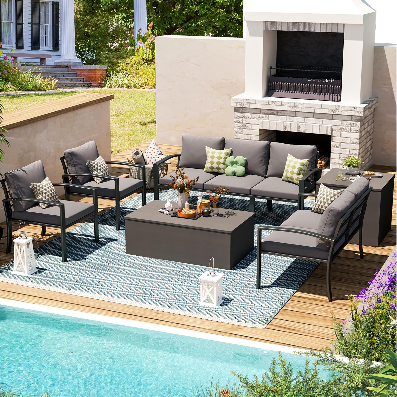 

7 Pieces Outdoor Patio Furniture Set With 2 Storage Boxes, Modern Metal Outdoor Patio Conversation Sectional Set Dark Grey Cushions For Porch, Backyard, Balcony, Poolside And Garden