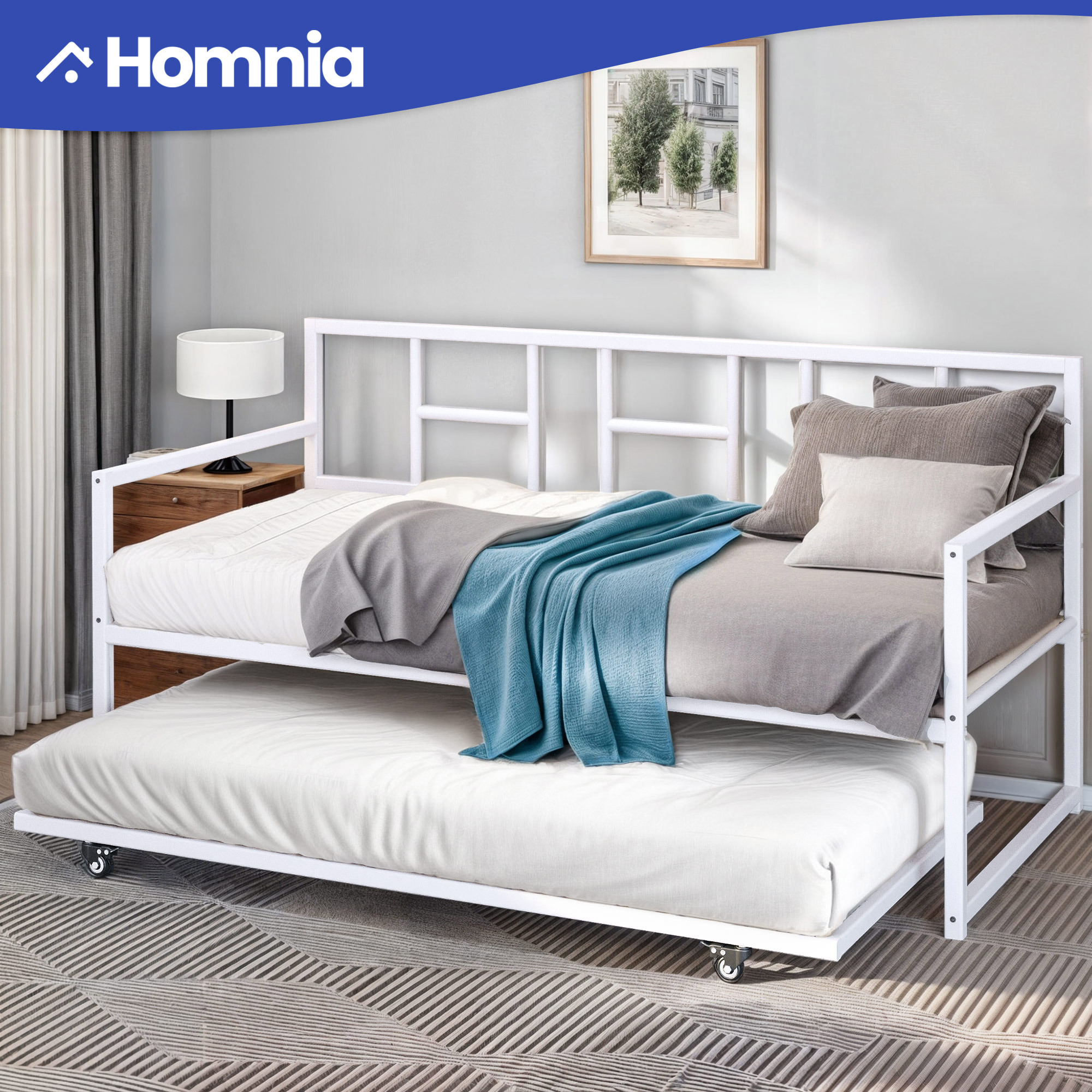 

Homnia Twin Size Trundle Pull Out Bed Frame W/ 360 Degrees Casters Wheel Adjustable Bed