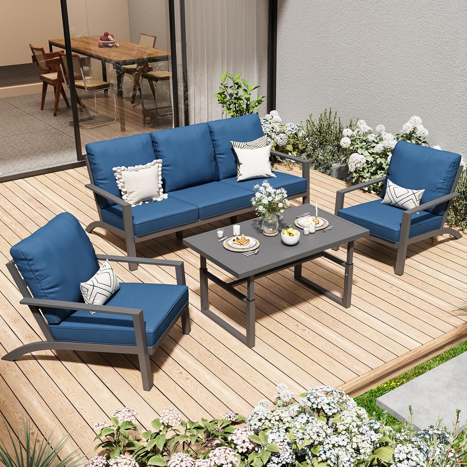 

Aluminum Patio Furniture Set Metal Outdoor Furniture Aluminum Patio Set, Modern Patio Furniture Conversation Set High Back In Navy Blue For Lawn, Backyard