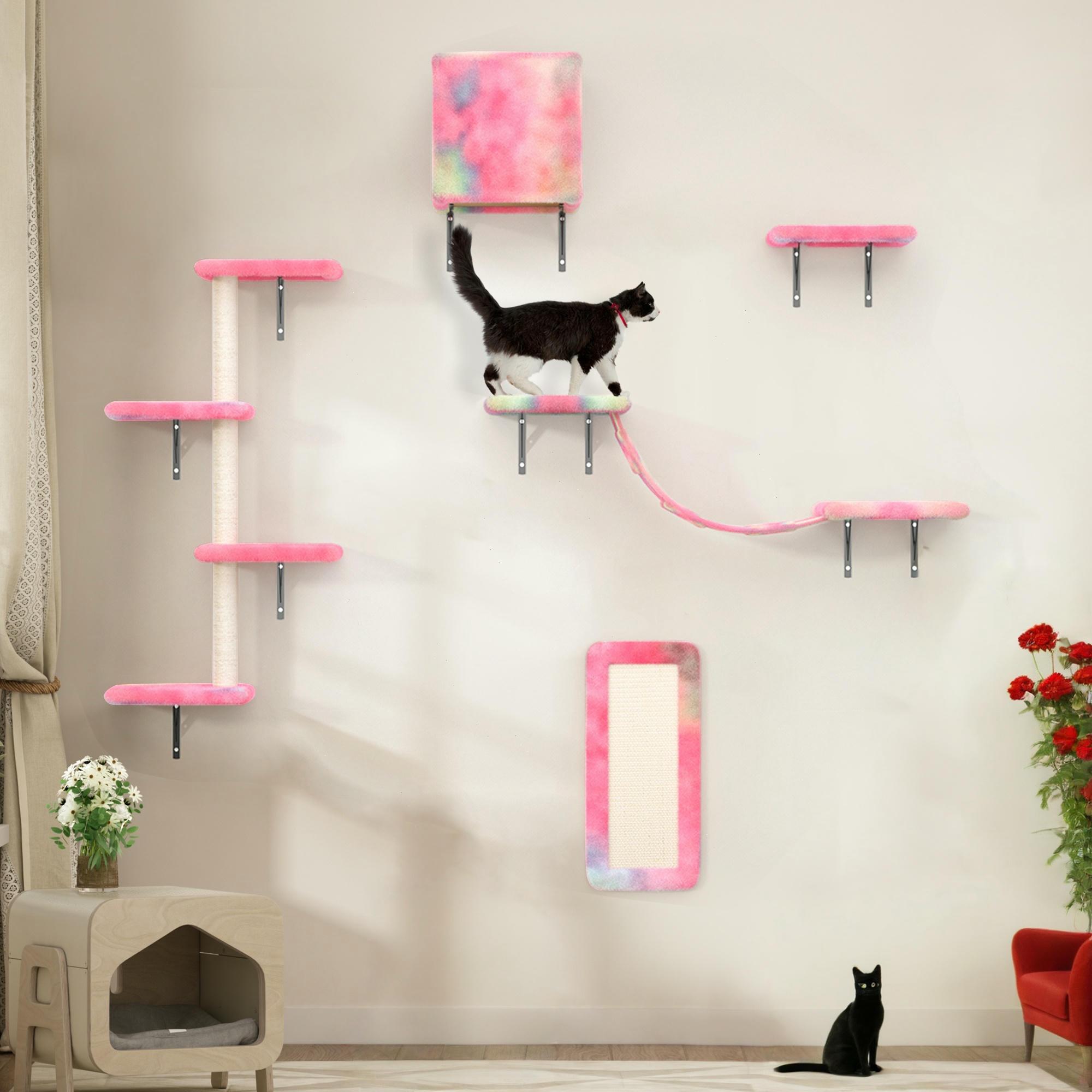 

5 Pcs Wall Mounted Cat Climber Set, Floating Cat Shelves And Perches, Cat Activity Tree With Scratching Posts, Modern Cat Furniture Colorful