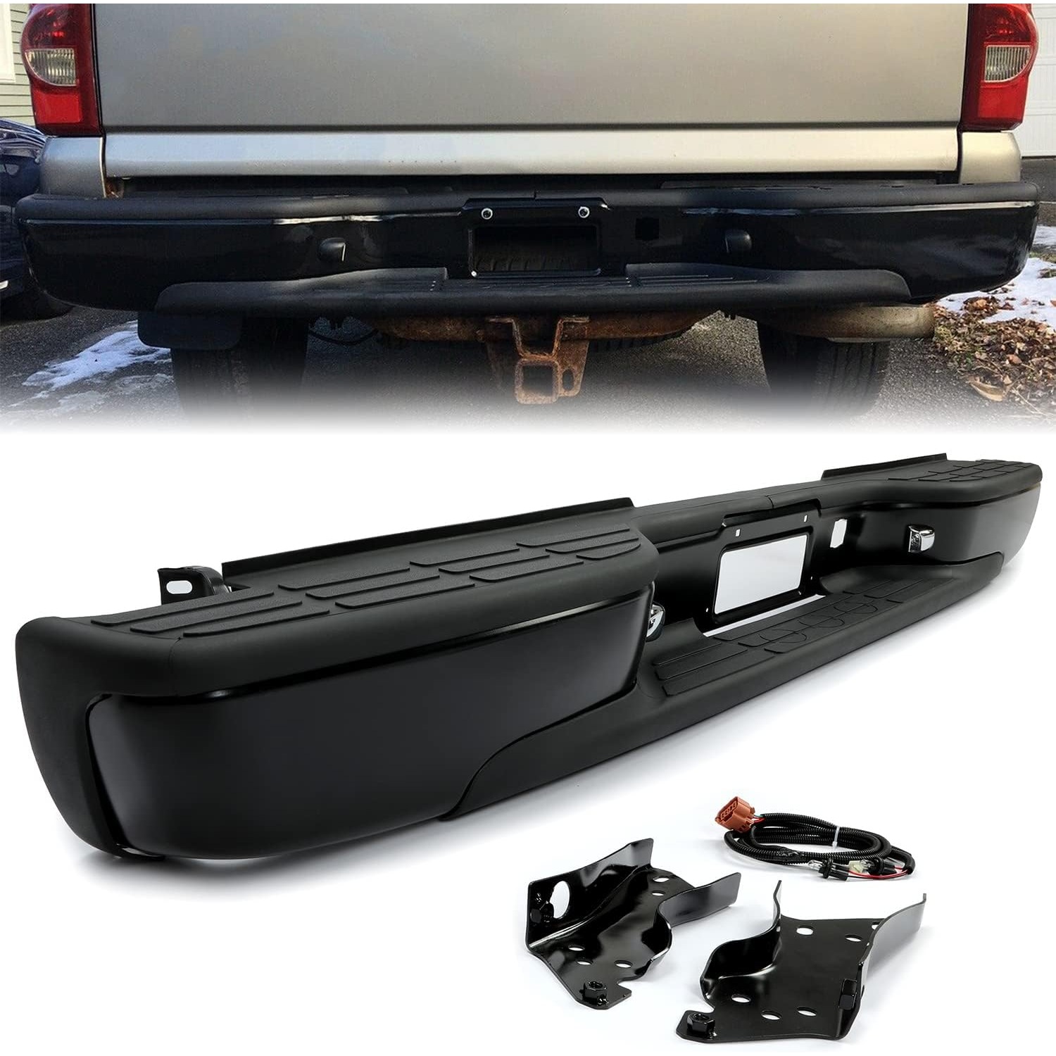 

Powder Coated Black Rear Step Bumper For 1999-2007 & 15002500 Classic Includes License Plate Lights Replaces Gm1103122, 12496085, Gm1103124