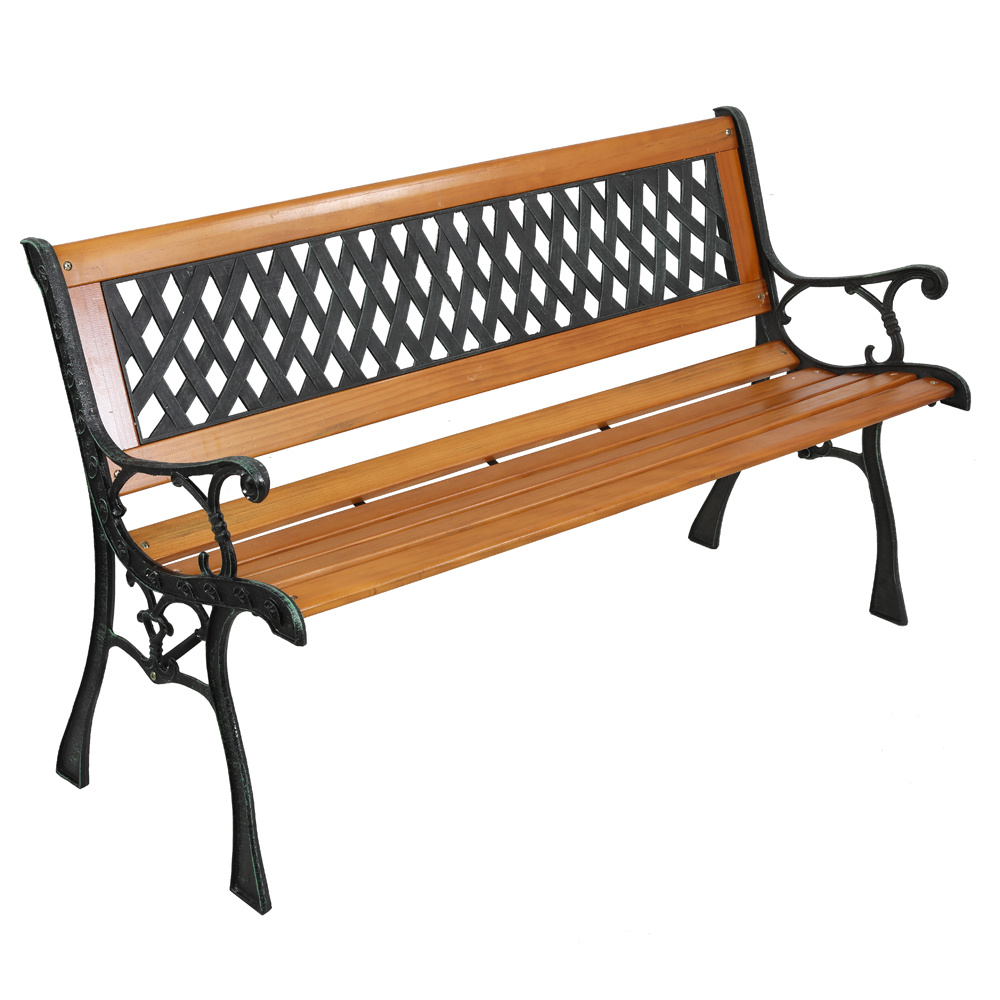 

49" Garden Bench Patio Porch Chair Deck Hardwood Cast Iron Love Seat Weave Style Back