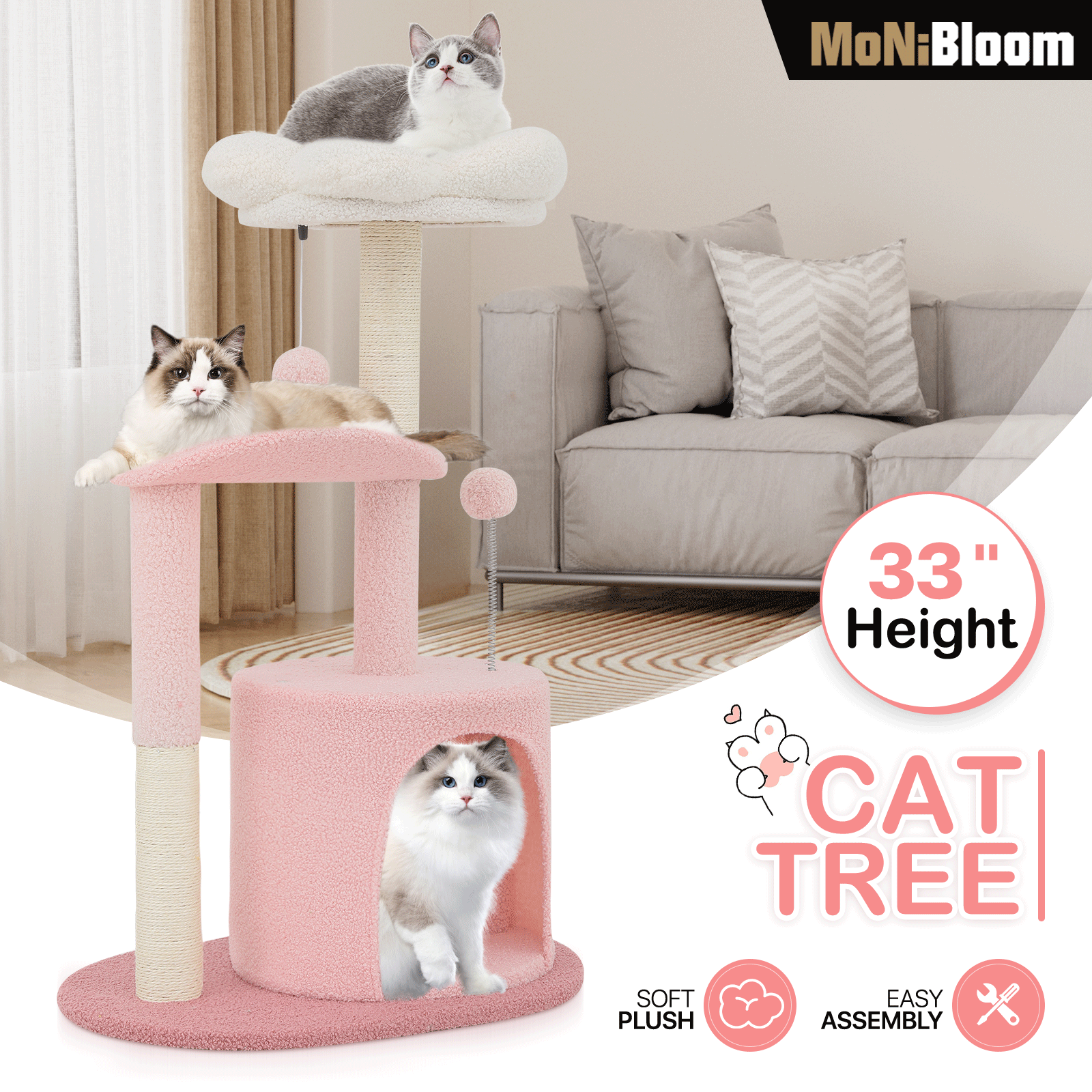 

33" Flower Cat Tower, Cute Cat Activity Tree With Scratching Post For Indoor Kittens, Cozy Condo & Plush Perches