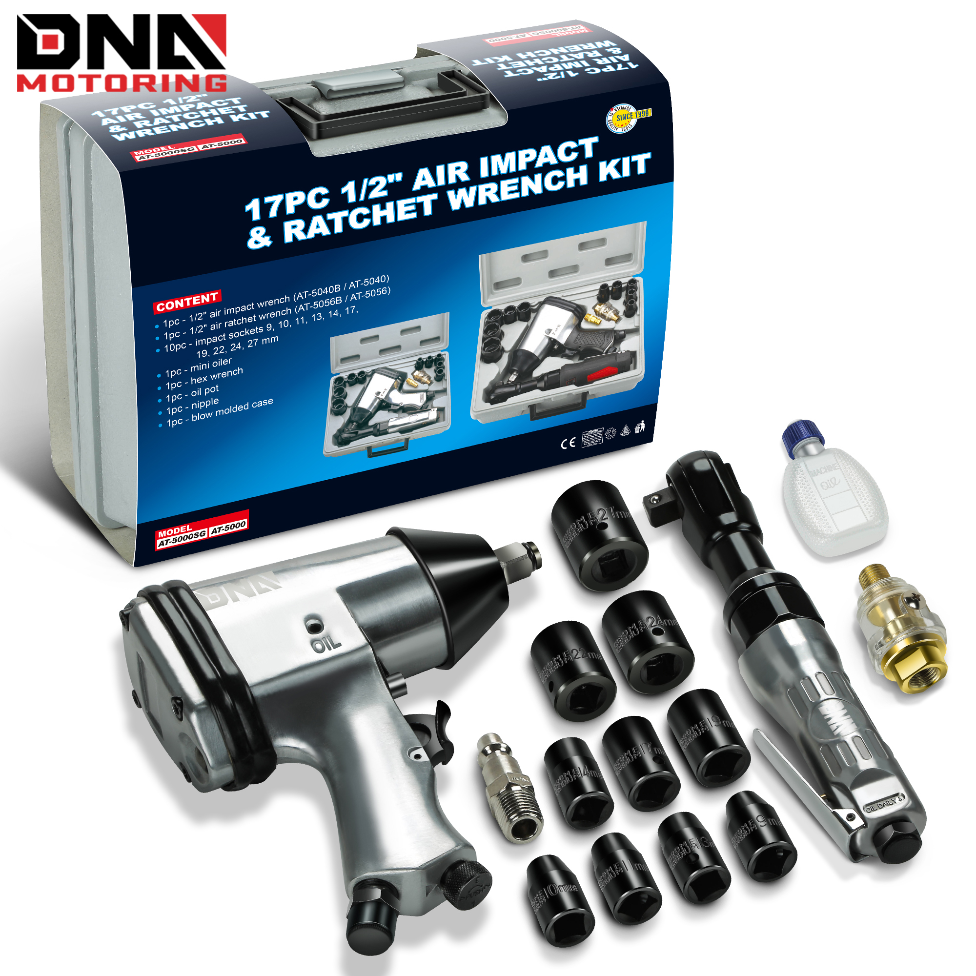 

17pc Kit 1/2-inch Pneumatic Air Impact & Ratchet Wrench Kit Torque Wrench For Repairs, W/ Case, Sliver / Black
