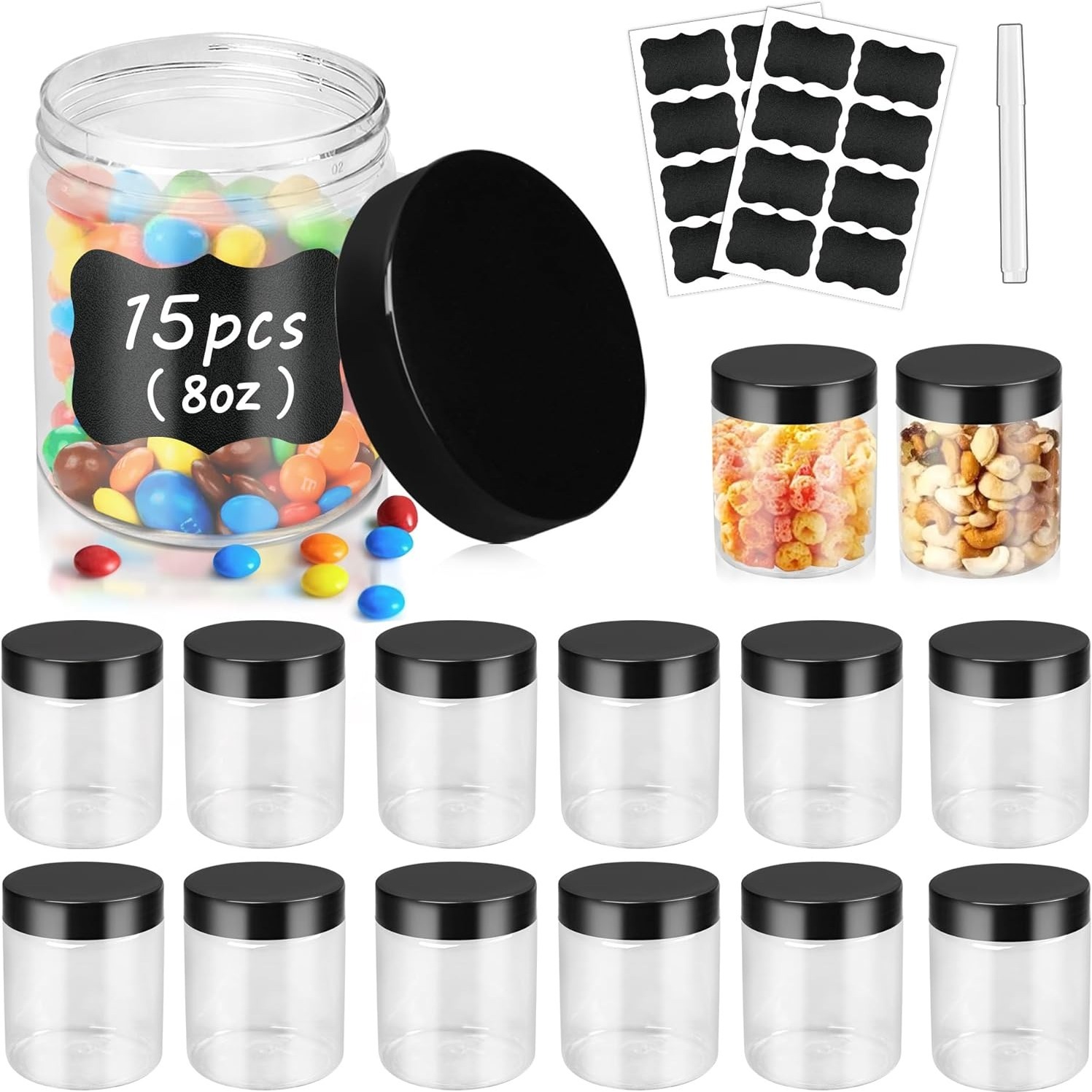 Plastic Jars With Lids, 15 Pack 8 Oz Plastic Containers, Refillable Empty Slime Containers, Storage Jars For Dry Food, Cosmetics, Crafts, Cream, Kitchen Small Empty Jars