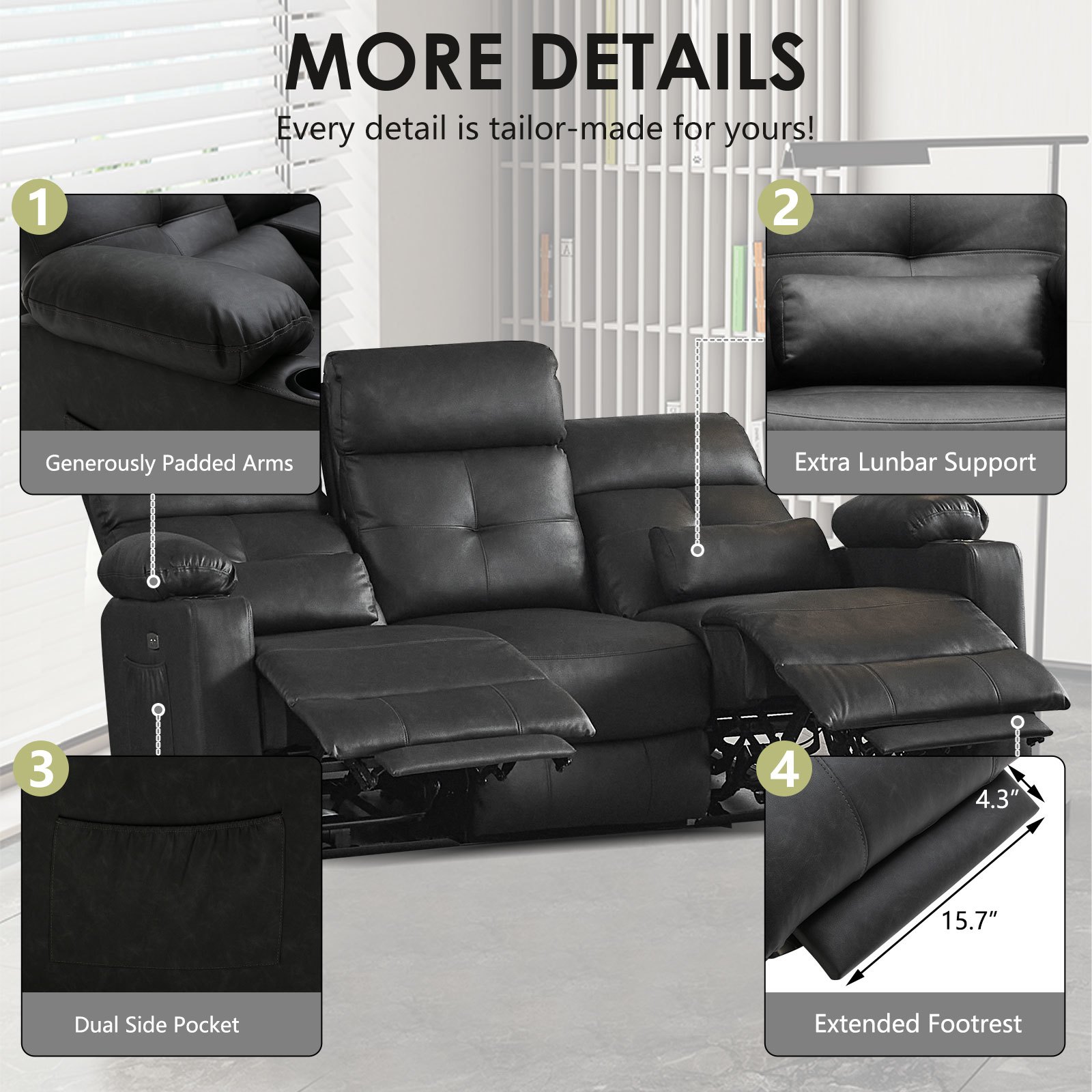 Power Reclining Sofa Heat Massage Pu Leather Reclining Sofa - Temu