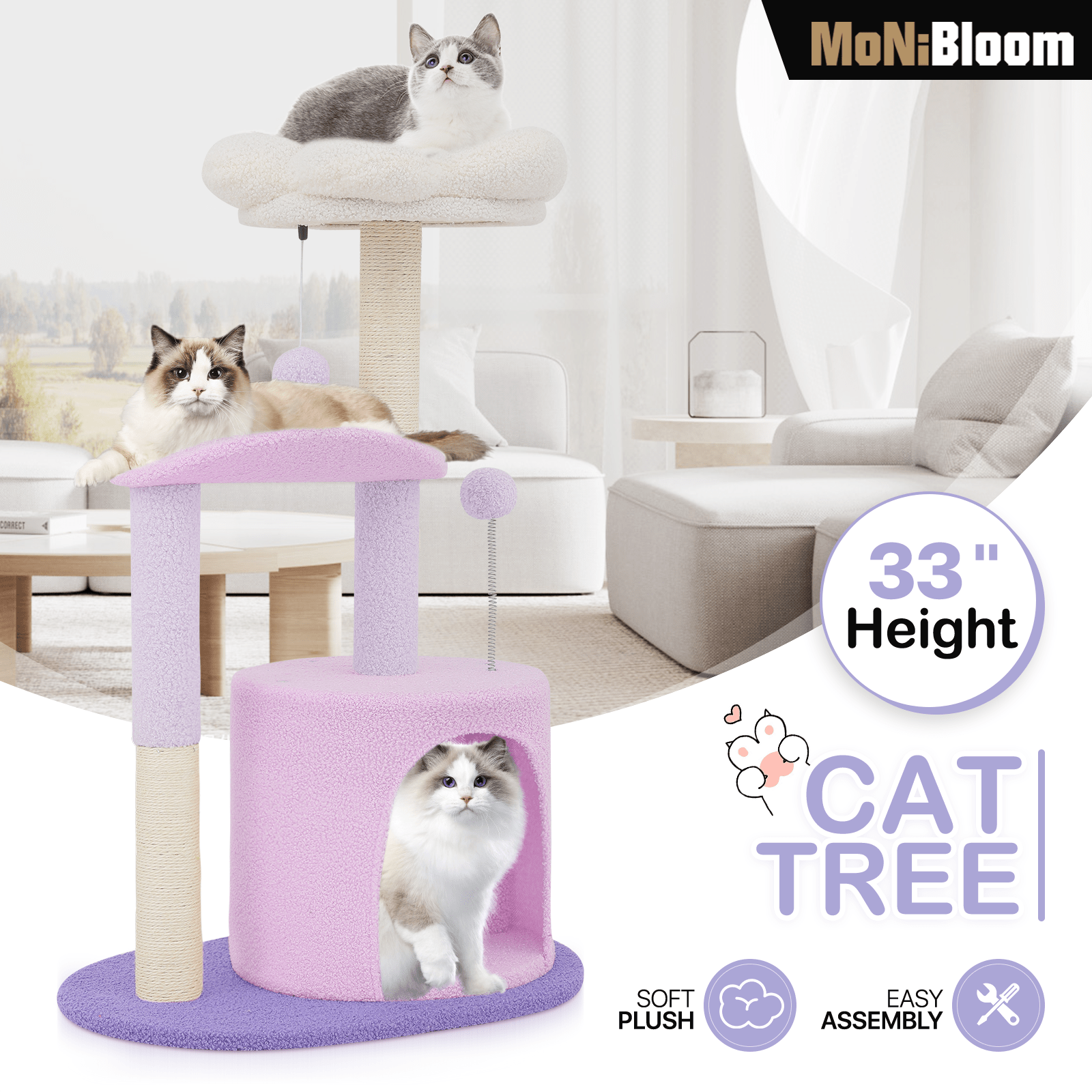 TEMU 33" Flower Cat Tower, Cute Cat Activity Tree With Scratching Post For Indoor Kittens, Cozy Condo & Plush Perches