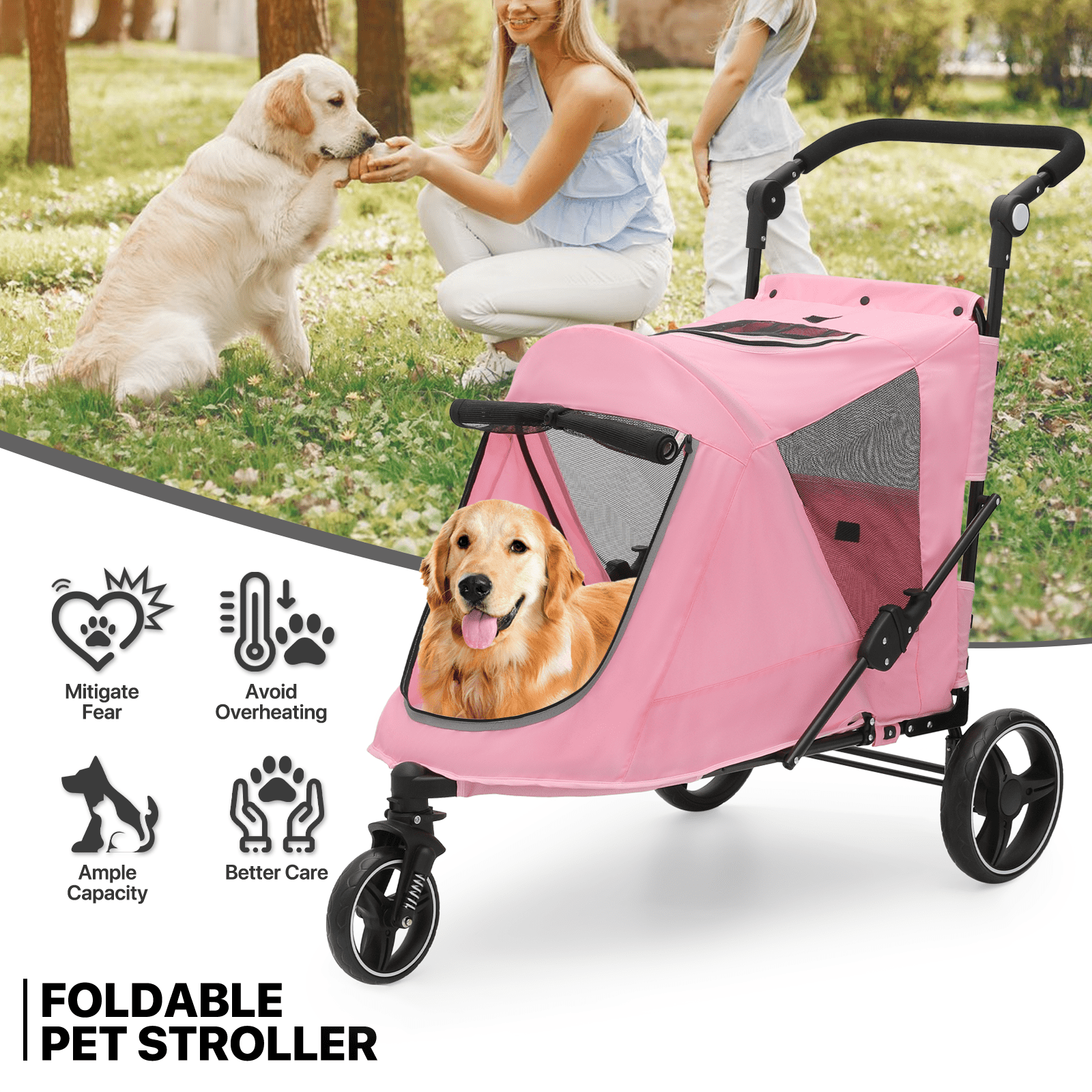 

Pet Stroller For Large Dogs Or Multiple Dogs Cats With Adjustable Handle, 3-wheels Dual Entry Portable Dog Carting Easy Folding Pet Wagon Double Dog Stroller
