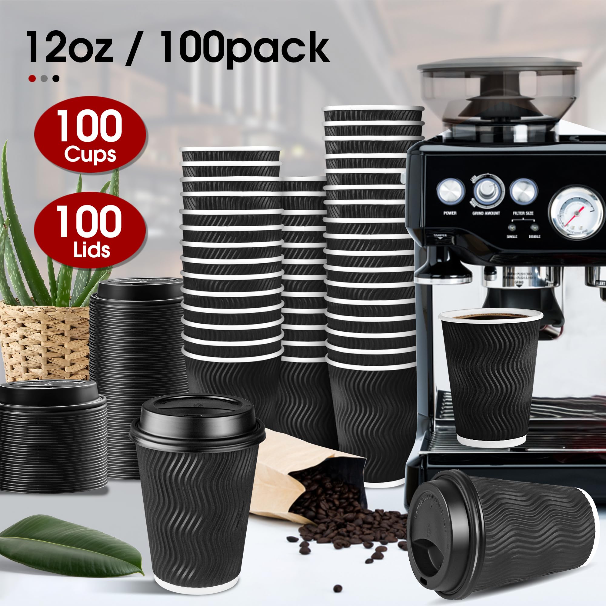 

100 Pack Disposable Coffee Cups With Lids And Straws, Corrugated Insulated Ripple Wall Paper Coffee Cups, To Go Cups For Hot Beverage Or Cold Drinks Office/home/cafe/party/travel