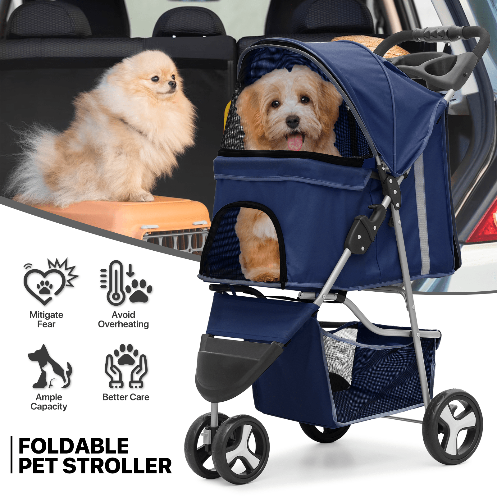 

Foldable Dog Strollers For Small Dogs With Weather Cover, 3 Wheels Pet Strolling Cart For Dogs And Cats With Storage Basket And Cup Holder, Breathable And Visible Mesh For All-season