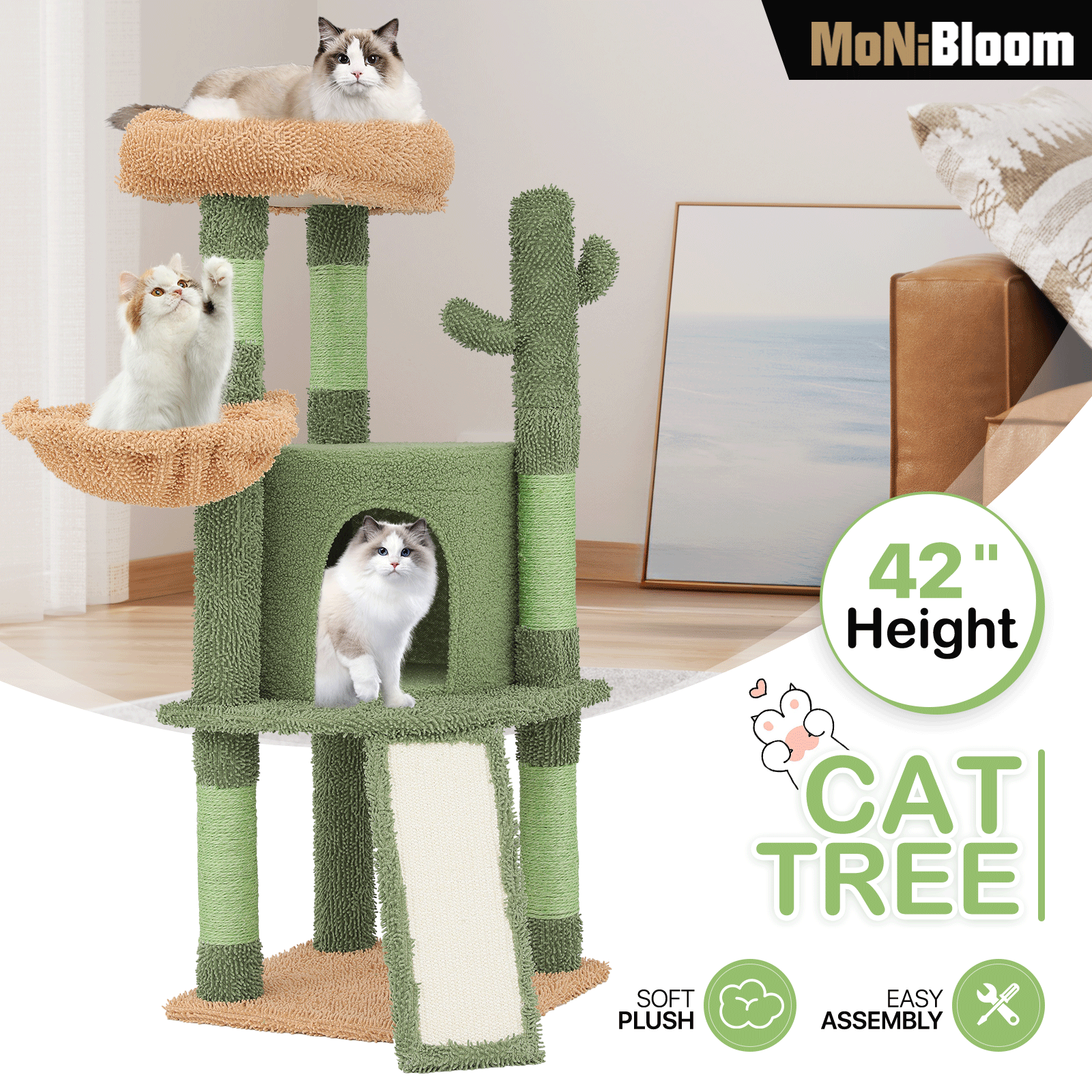 

Cat Tower Cactus, 42 Inches Cat Tree With Sisal Scratching Ramp, Cozy Hammock And Bed Perch And Condo For Kittens, Green