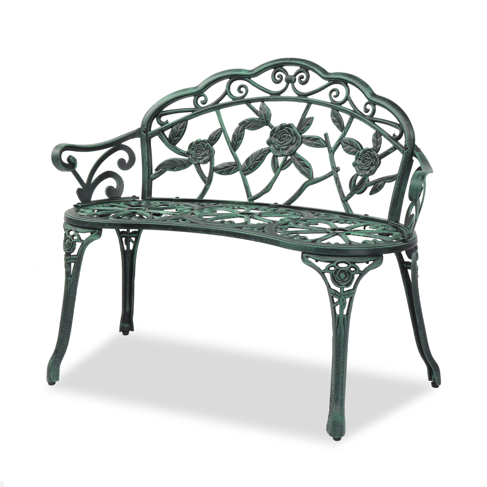 

Outdoor Cast Aluminum Patio Bench, Porch Bench Chair With Curved Legs Rose Pattern, Antique Green