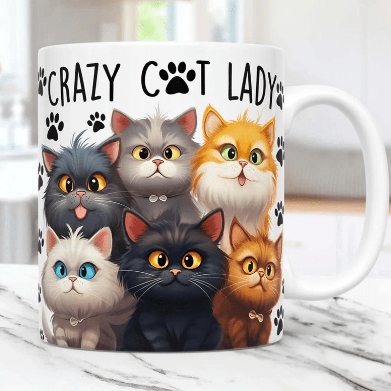 

11oz Crazy Cat Lady White Ceramic Coffee Mug, Tea Cup - Sublimation Printed In Usa - Dishwasher & Microwave Safe - Birthday Gift, Holiday Gift, Gift For Her,