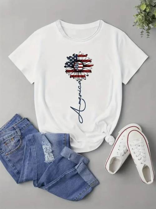 womens chic american flag print tee comfy casual short sleeve crew neck t shirt for everyday wear stylish layering