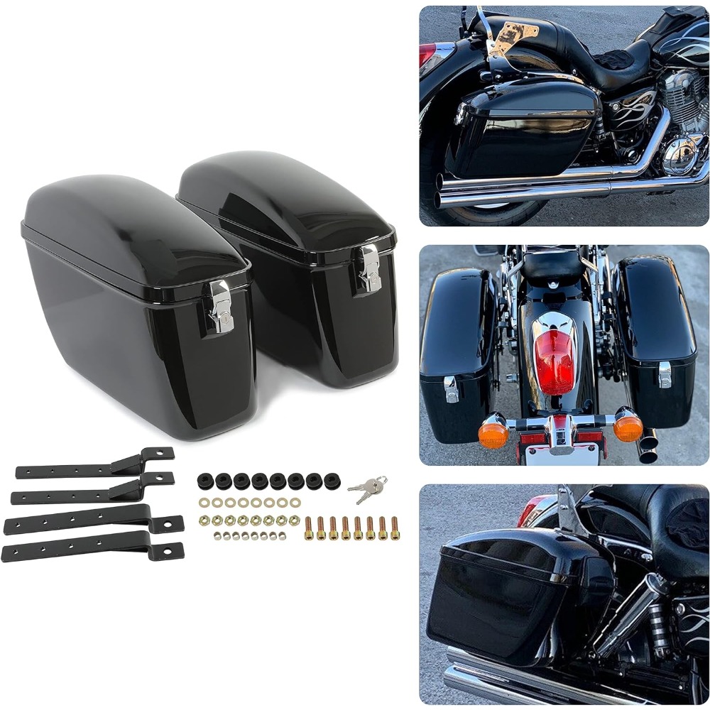 Vivid Black Large Hard Bag Trunk W/brackets For Motorcycle Compatible With -davidson Kawasaki Cruiser