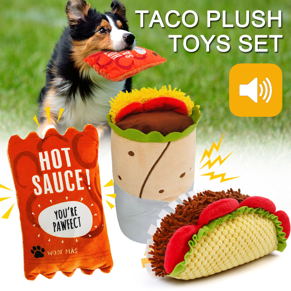 

Funny Dog Toys Set, 3 Pack, Plush Dog Squeaky Crinkle Toys, Food Dog Toy, Stuffed Puppy Chew Toys For Small Medium Large Dogs (burritto, Taco, Sauce Packet)