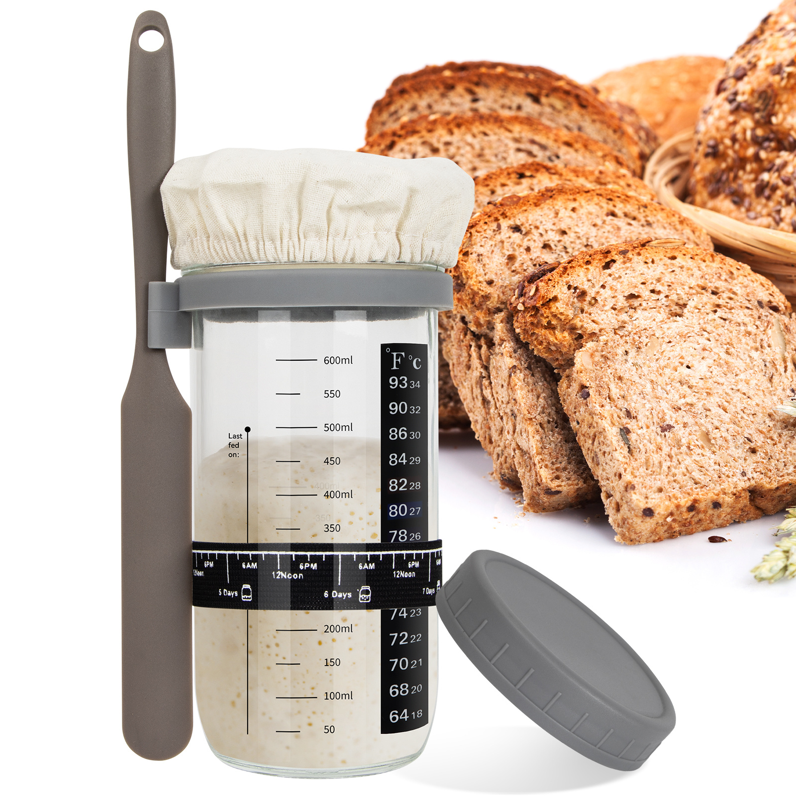 

Sourdough Starter Jar With Date Marked Feeding Band Thermometer Sourdough Jar Silicon Spatula Measuring Spoons Cloth Cover & Sealing Lid Sourdough Starter Kit For Home Baking Fermentation