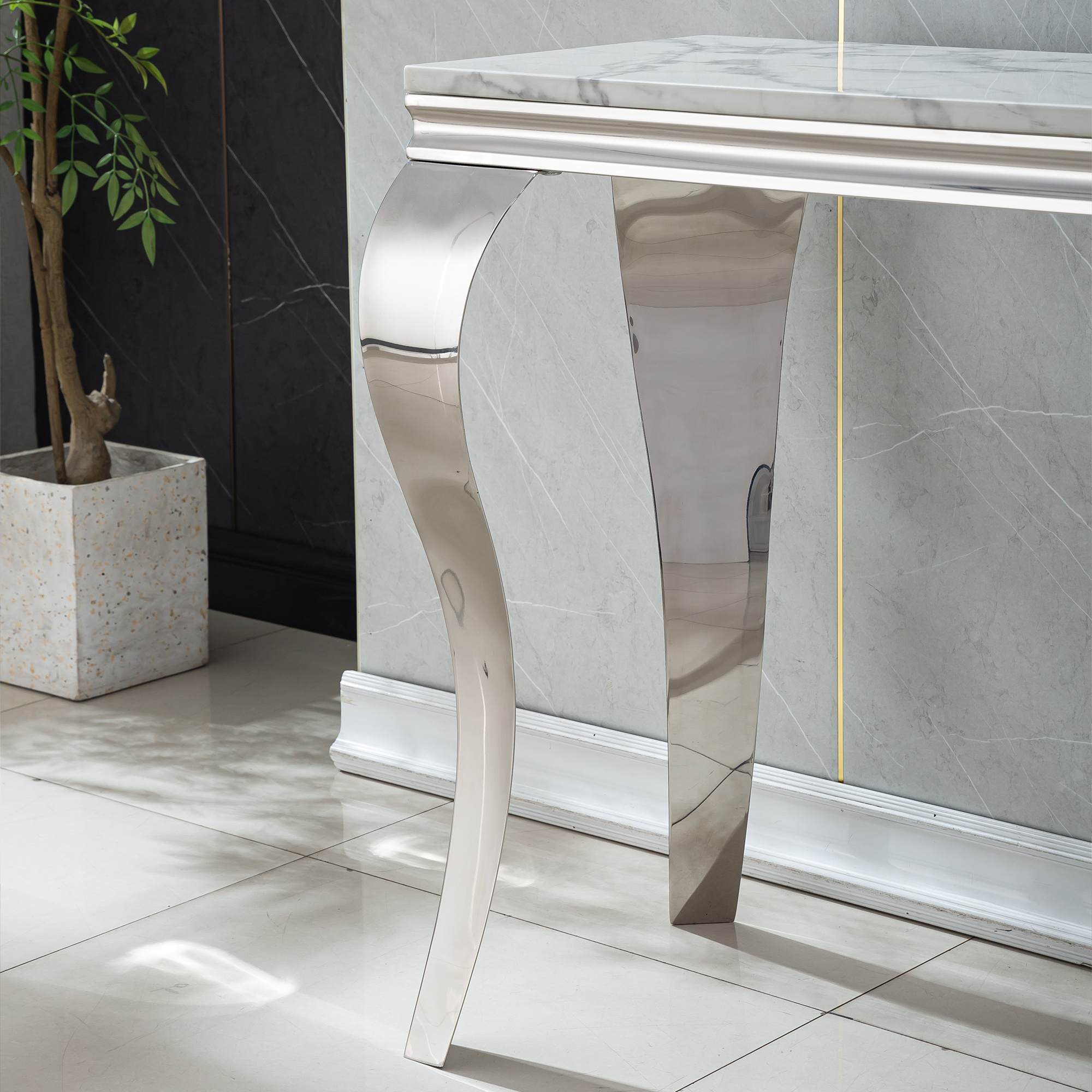 47in Marble Console Table with S-Shape Stainless Steel Legs, Modern Rectangular Faux Marble Entry Table, Sofa Accent Table for Living Room, Entryway, Hallyway, Entrance